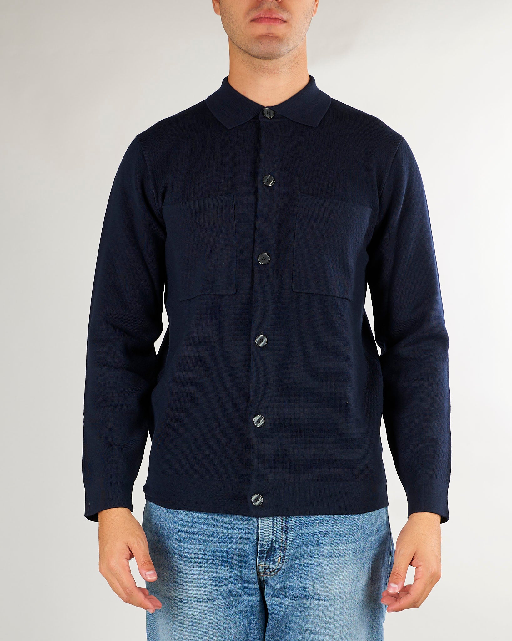 Cardigan Blu in misto lana merinos con colletto e tasche applicate DK27960 136 DIKTAT 