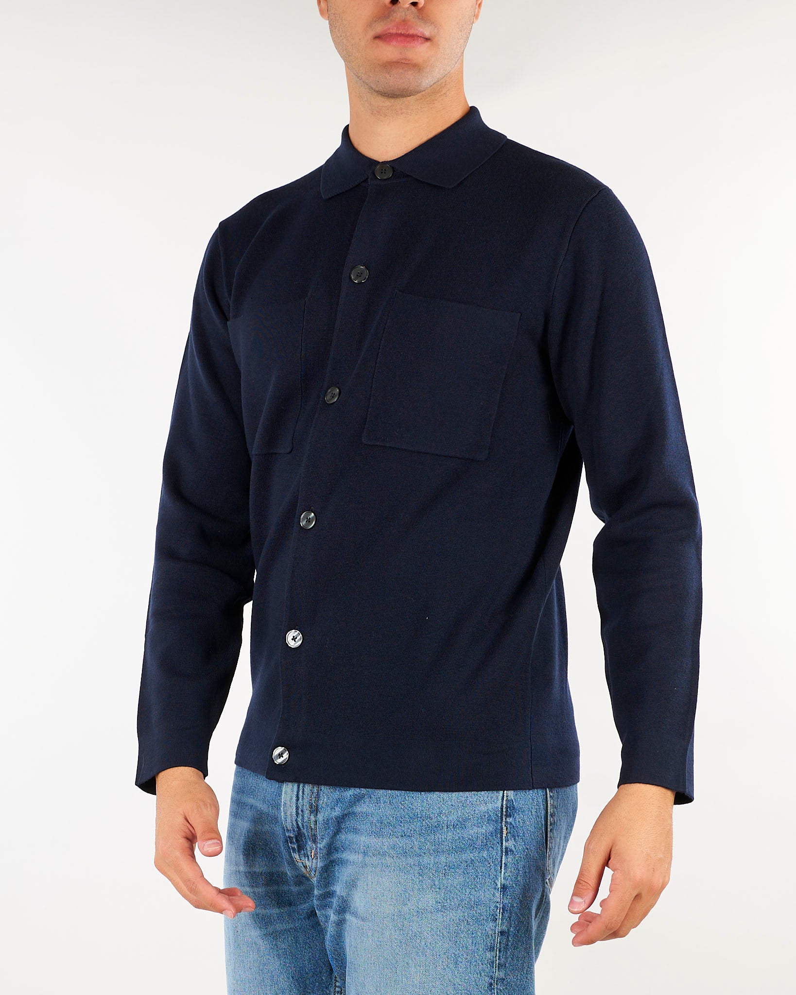 Cardigan Blu in misto lana merinos con colletto e tasche applicate DK27960 136 DIKTAT 