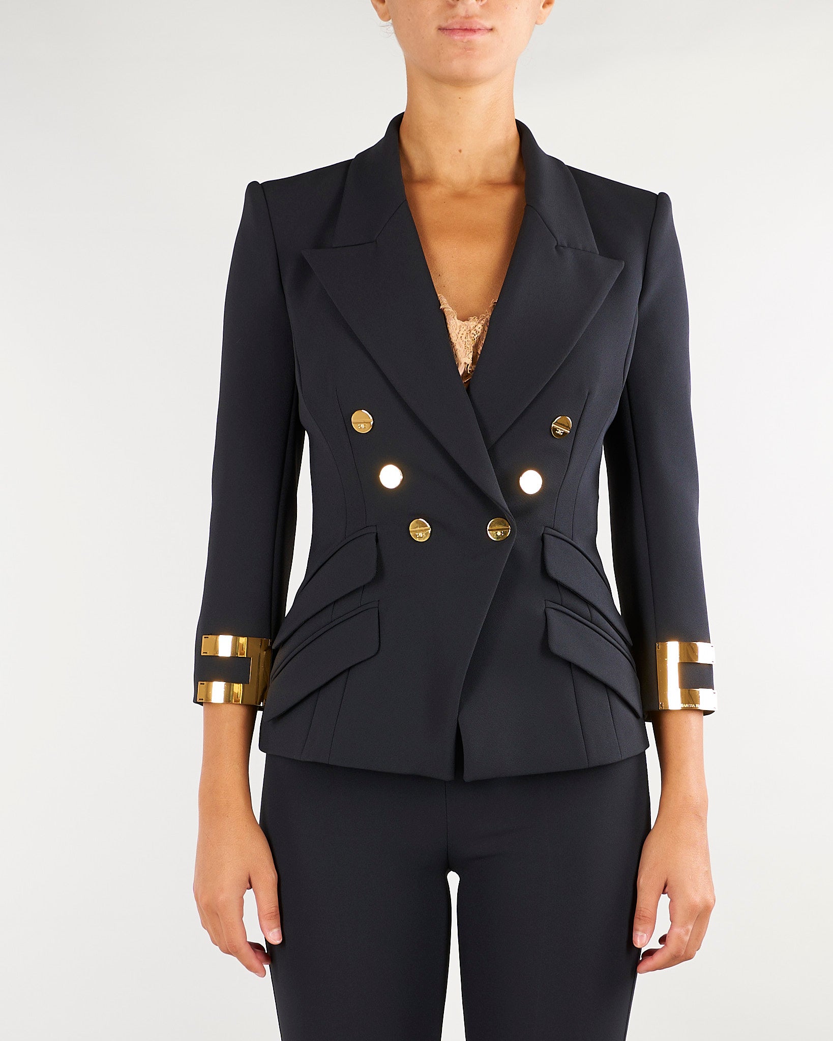 Giacca Nero in doppio crêpe stretch con logo gioiello GI26866E2 110 ELISABETTA FRANCHI 