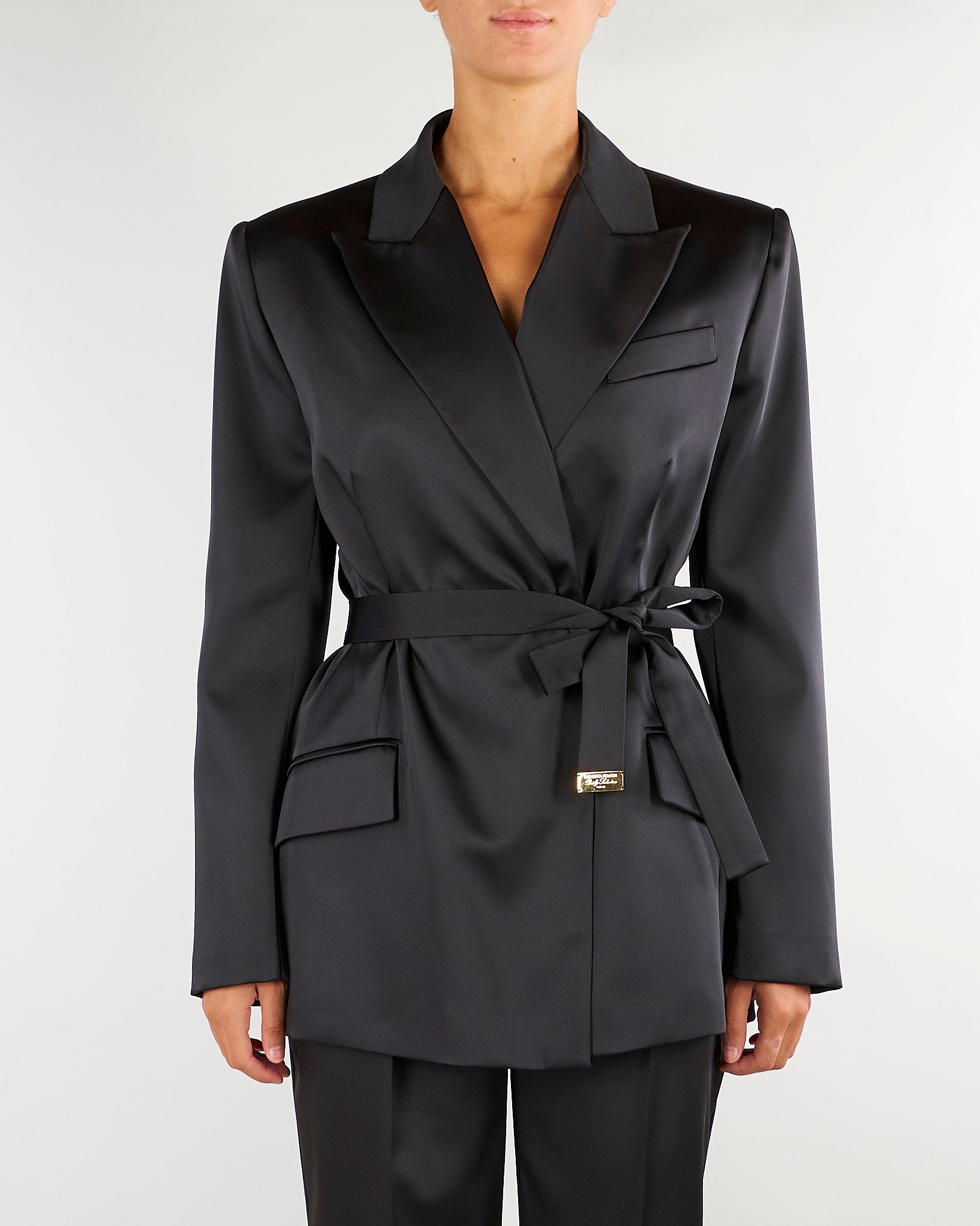 Giacca Nero in raso stretch con cintura GI27966E2 110 ELISABETTA FRANCHI 