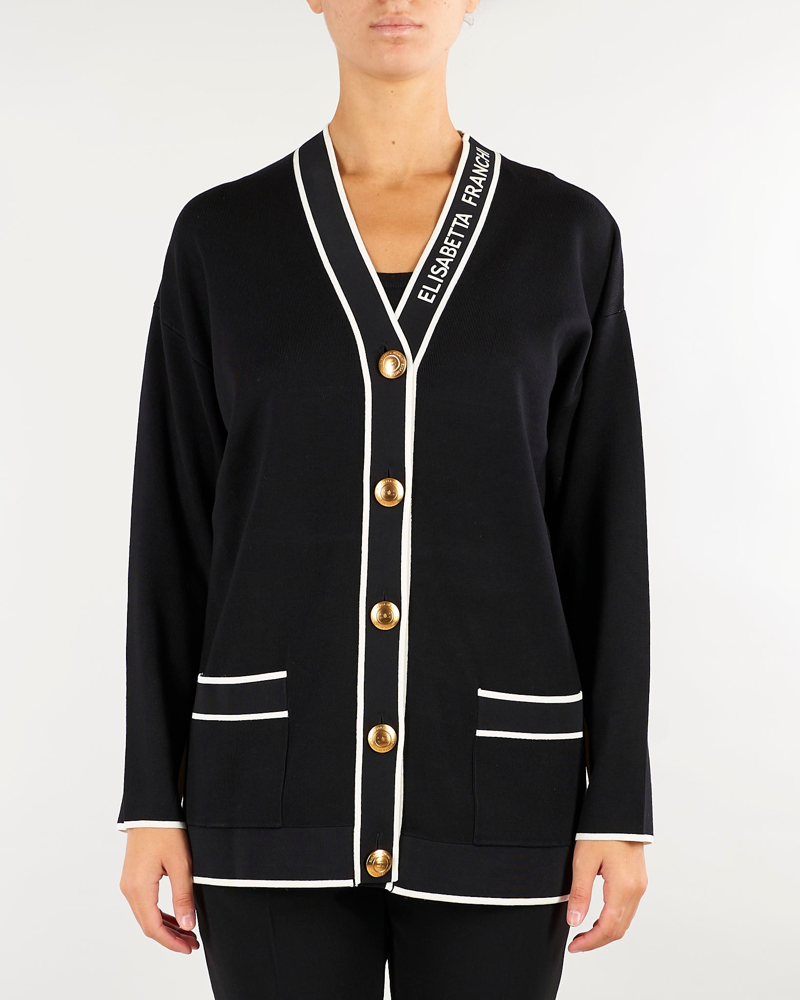 Cardigan Nero-Burro con profili a contrasto e stampa lettering MK13S66E2 685 ELISABETTA FRANCHI 