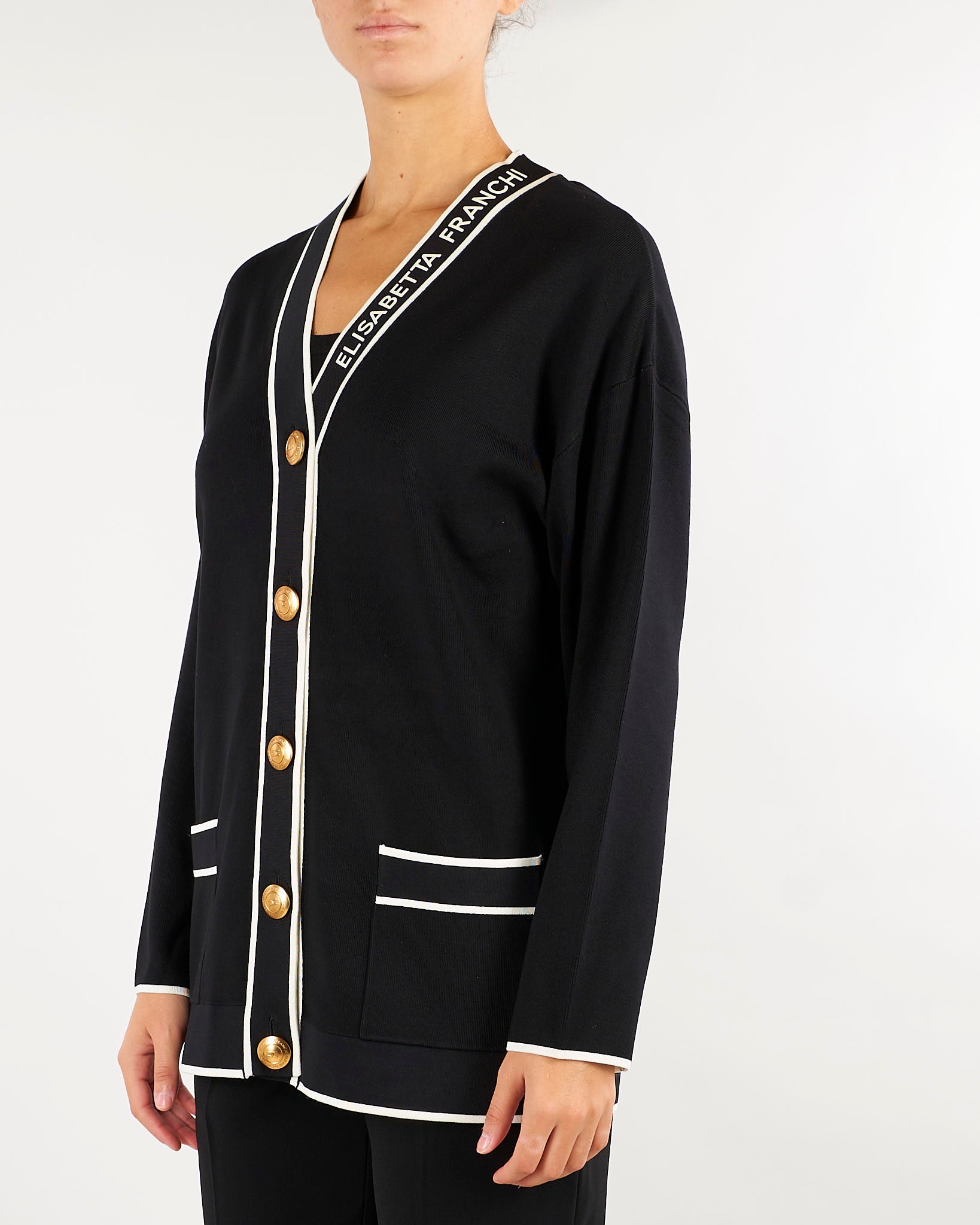 Cardigan Nero-Burro con profili a contrasto e stampa lettering MK13S66E2 685 ELISABETTA FRANCHI 