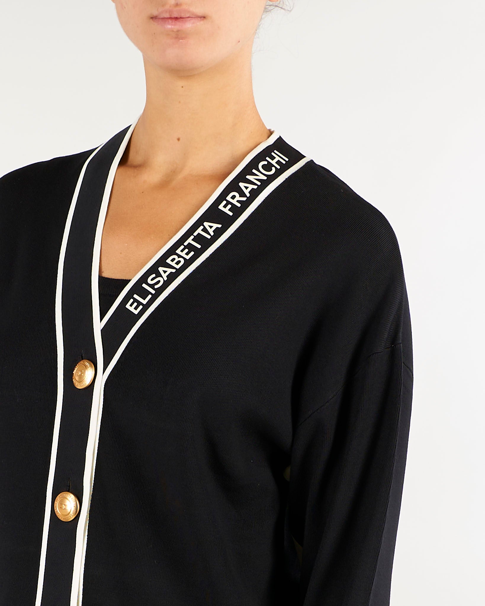 Cardigan Nero-Burro con profili a contrasto e stampa lettering MK13S66E2 685 ELISABETTA FRANCHI 