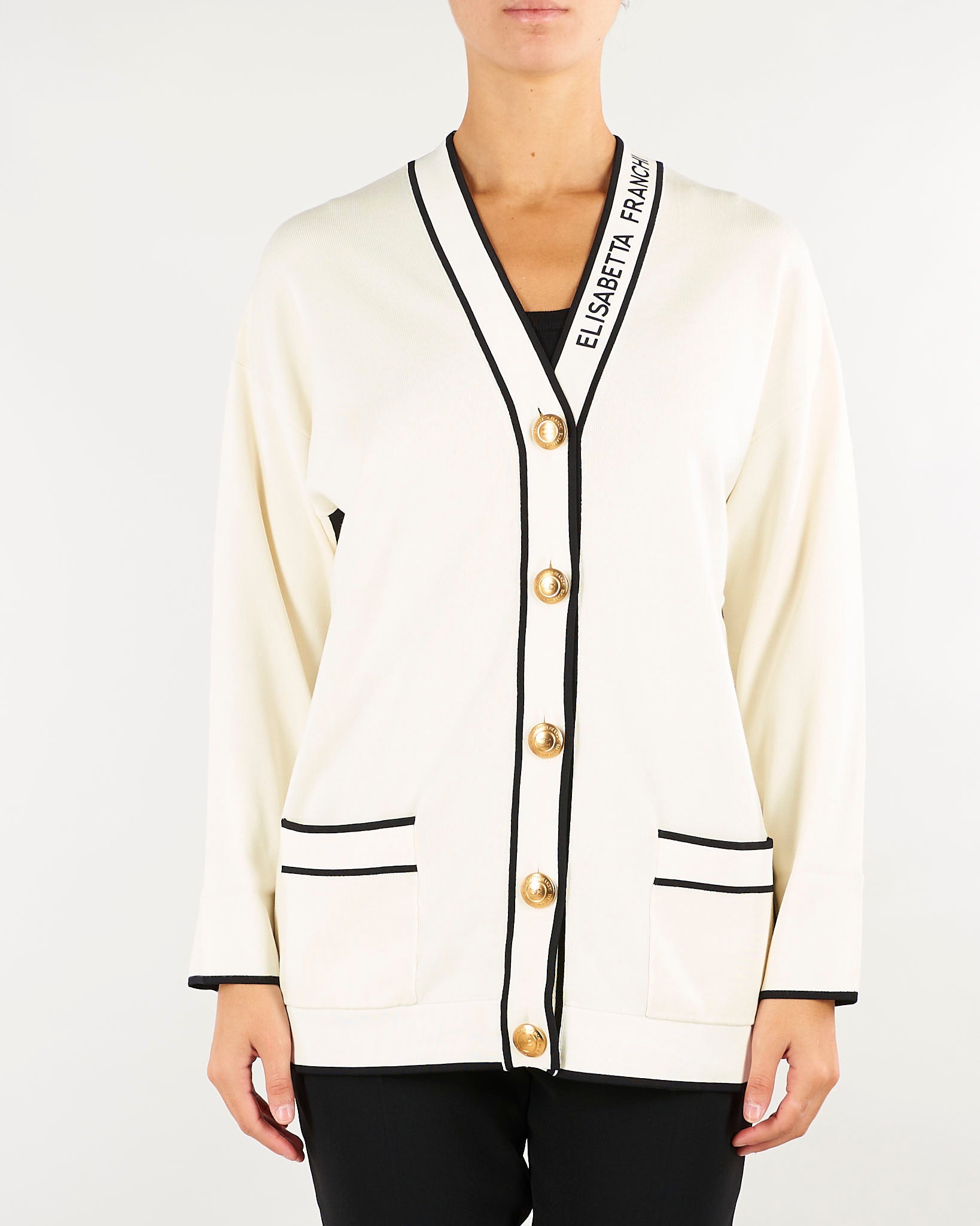 Cardigan Burro-Nero con profili a contrasto e stampa lettering MK13S66E2 E84 ELISABETTA FRANCHI 