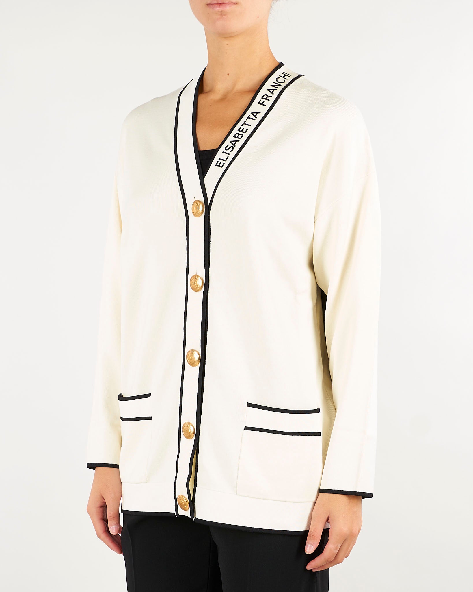 Cardigan Burro-Nero con profili a contrasto e stampa lettering MK13S66E2 E84 ELISABETTA FRANCHI 
