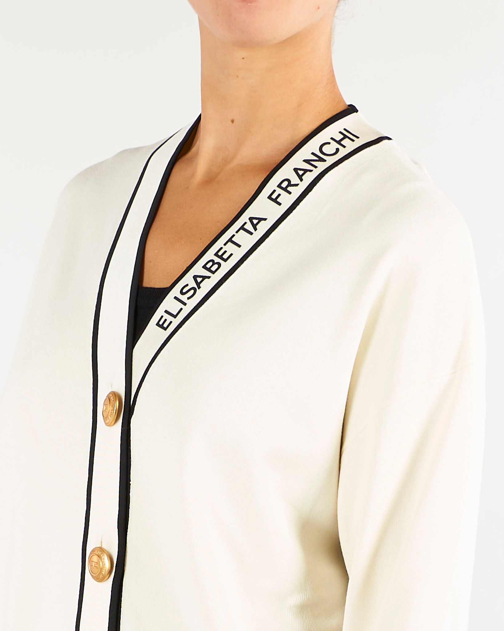 Cardigan Burro-Nero con profili a contrasto e stampa lettering MK13S66E2 E84 ELISABETTA FRANCHI 
