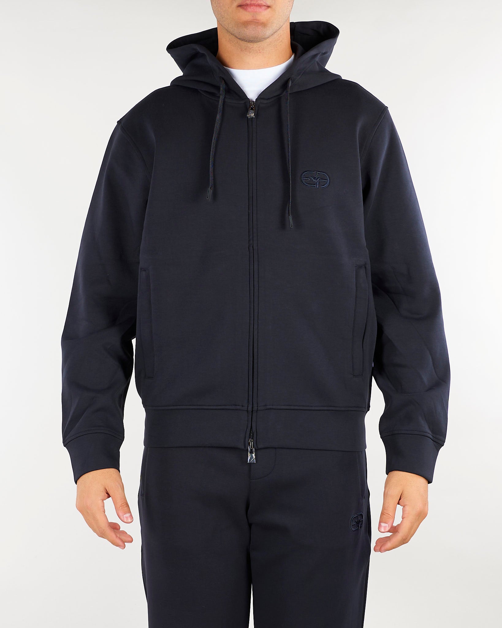 Felpa Blu con cappuccio e zip di double jersey con ricamo logo EM004538AF10013 UB118 EMPORIO ARMANI 