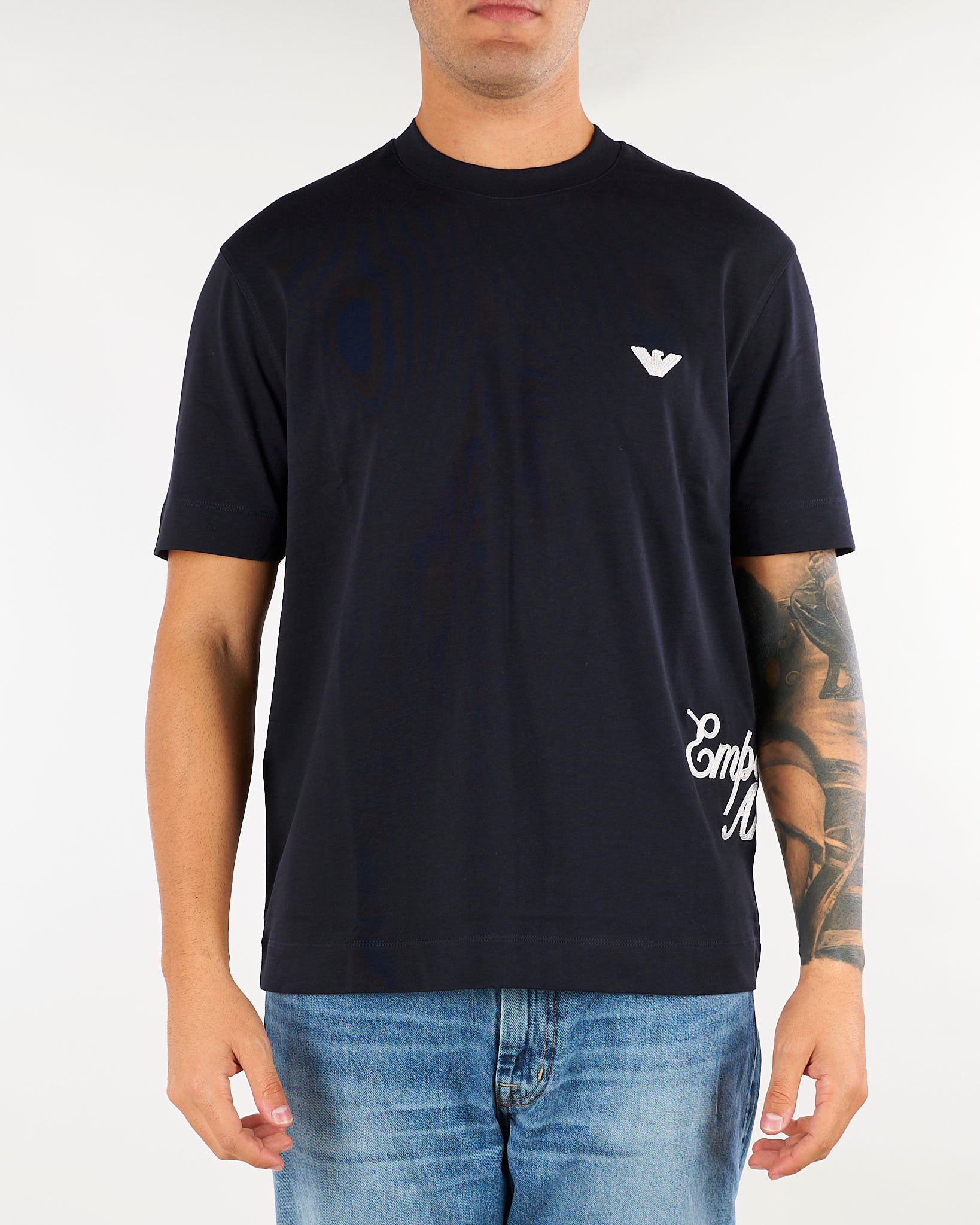 T-shirt Blu in cotone con ricamo logo laterale EM006811AF13715 MB842 EMPORIO ARMANI 