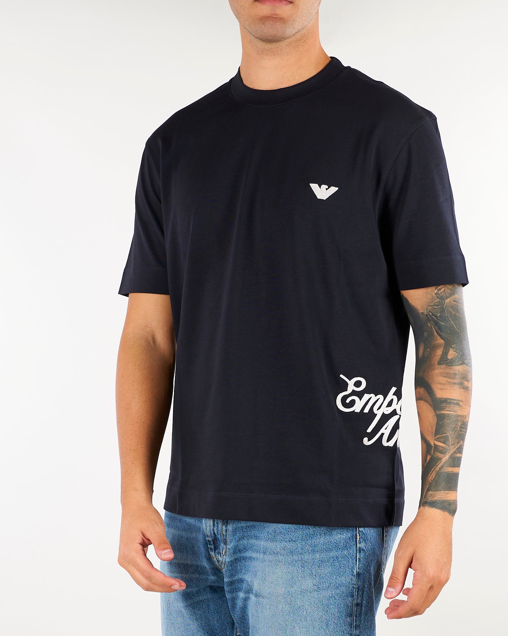 T-shirt Blu in cotone con ricamo logo laterale EM006811AF13715 MB842 EMPORIO ARMANI 