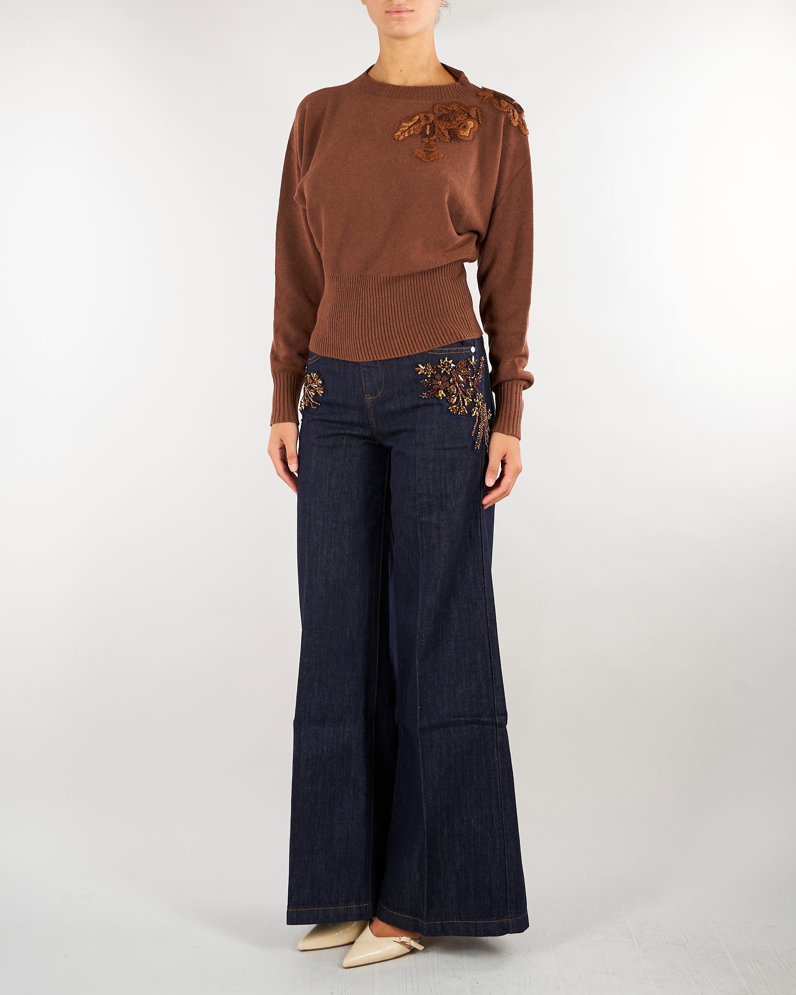 Maglia Marrone con ricamo floreale D49EM013EP2 MFB76 ERMANNO BY ERMANNO SCERVINO 