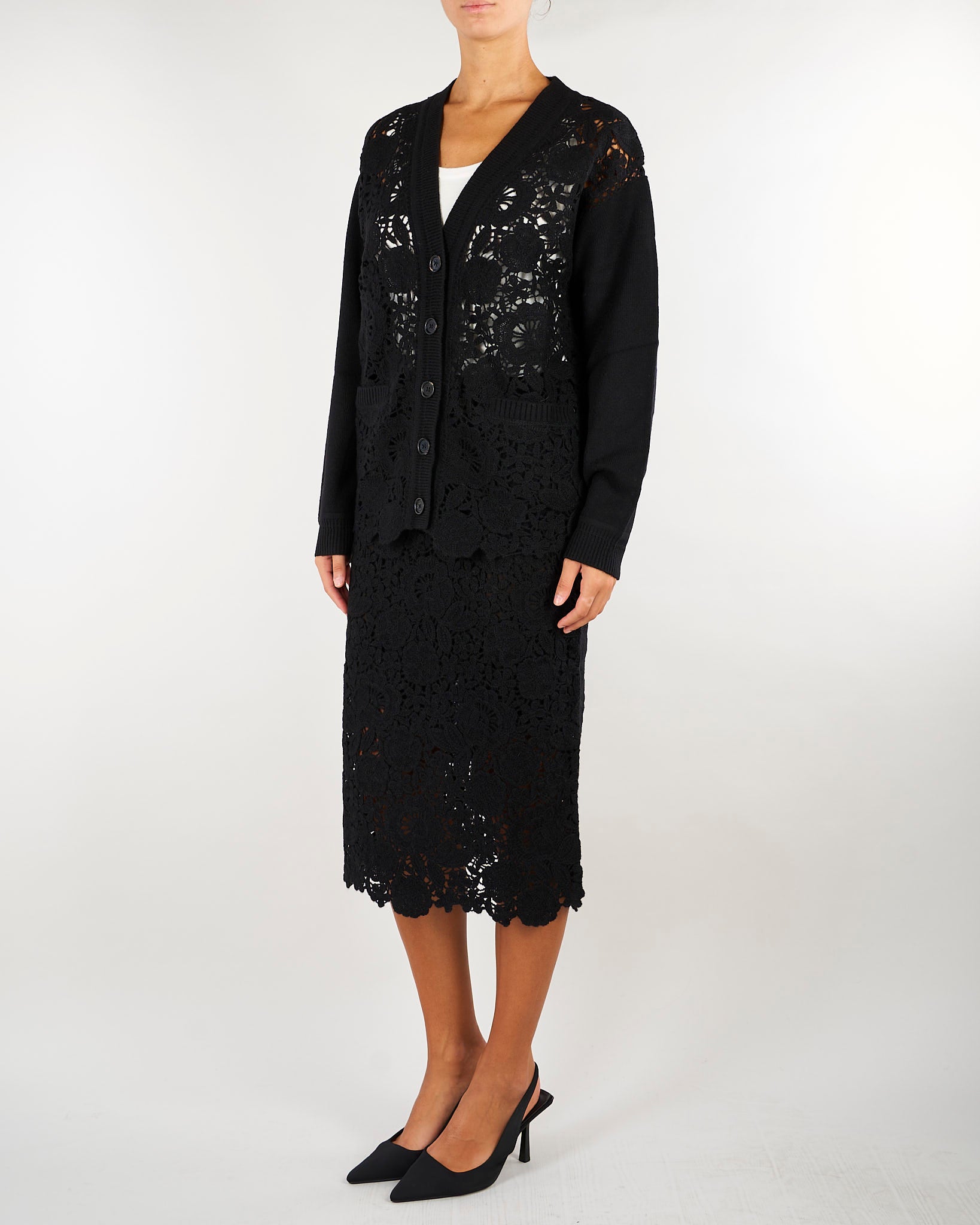 Cardigan Nero in lana con pizzo crochet D49EN011E58 MF099 ERMANNO BY ERMANNO SCERVINO 