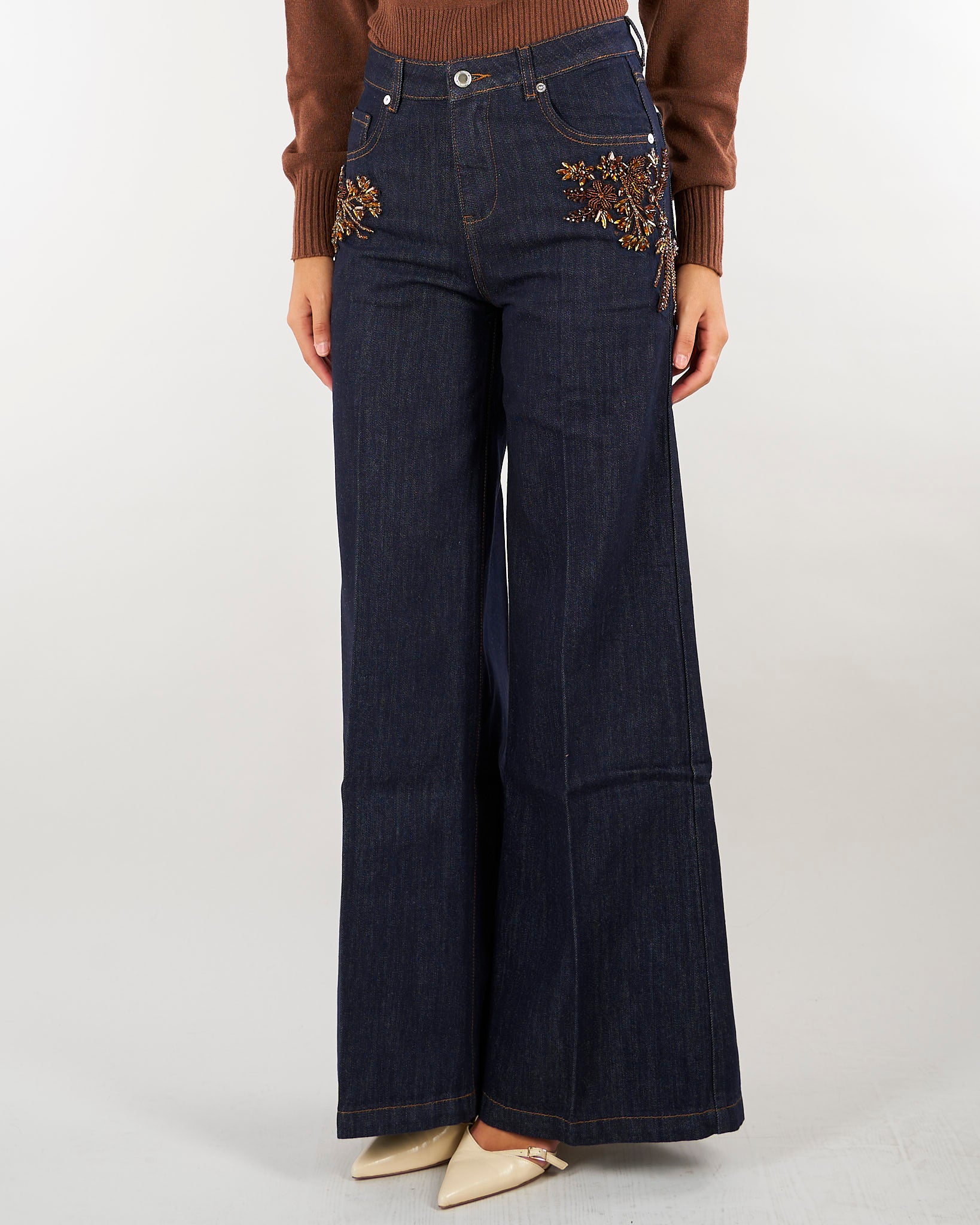 Jeans Denim wide leg con ricamo floreale D49EP014EI8 MF152 ERMANNO BY ERMANNO SCERVINO 