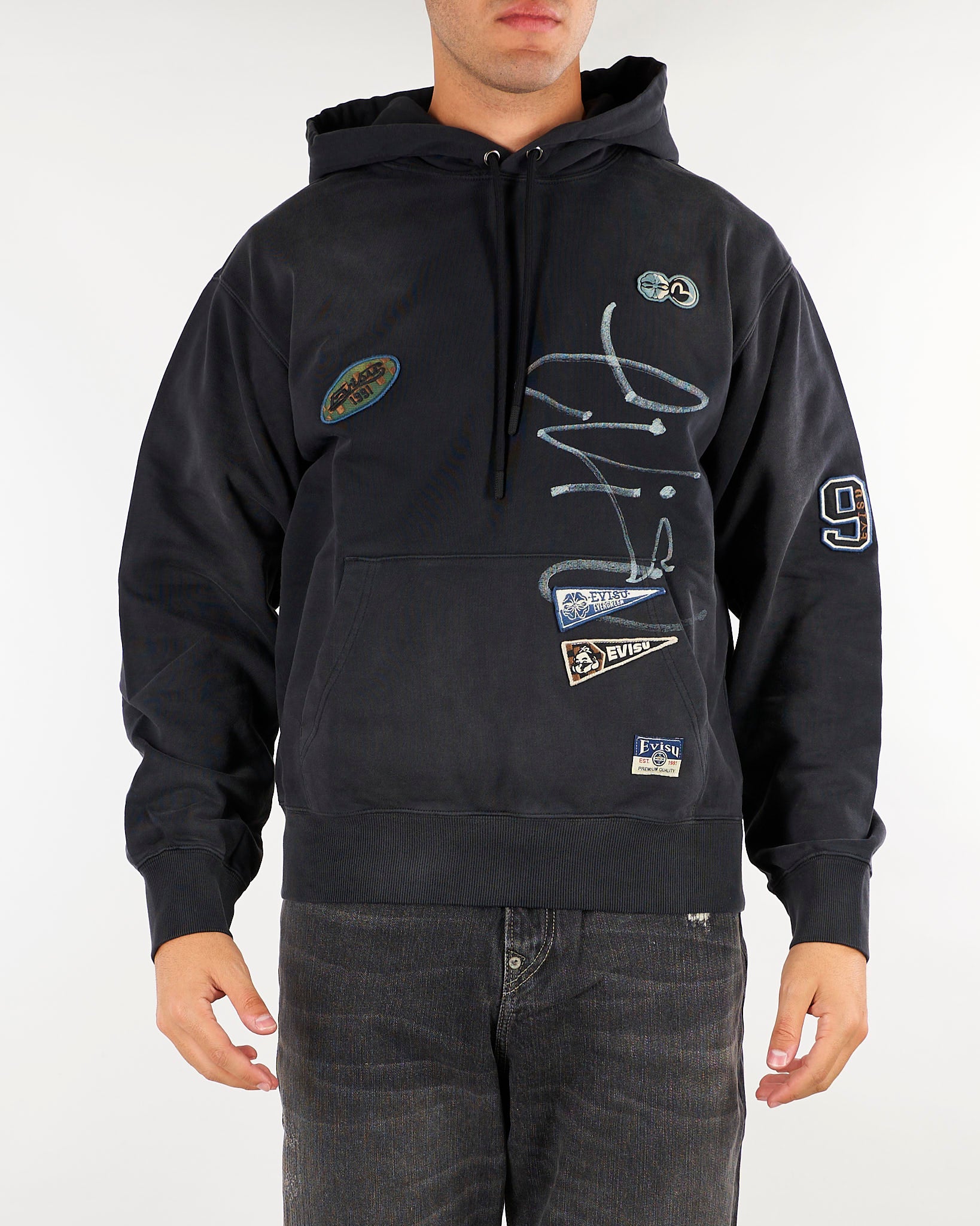 Felpa Nero con cappuccio e stemmi ricamati "Fortuna" 2EAHTM6SW1070RXCT BLKX EVISU 