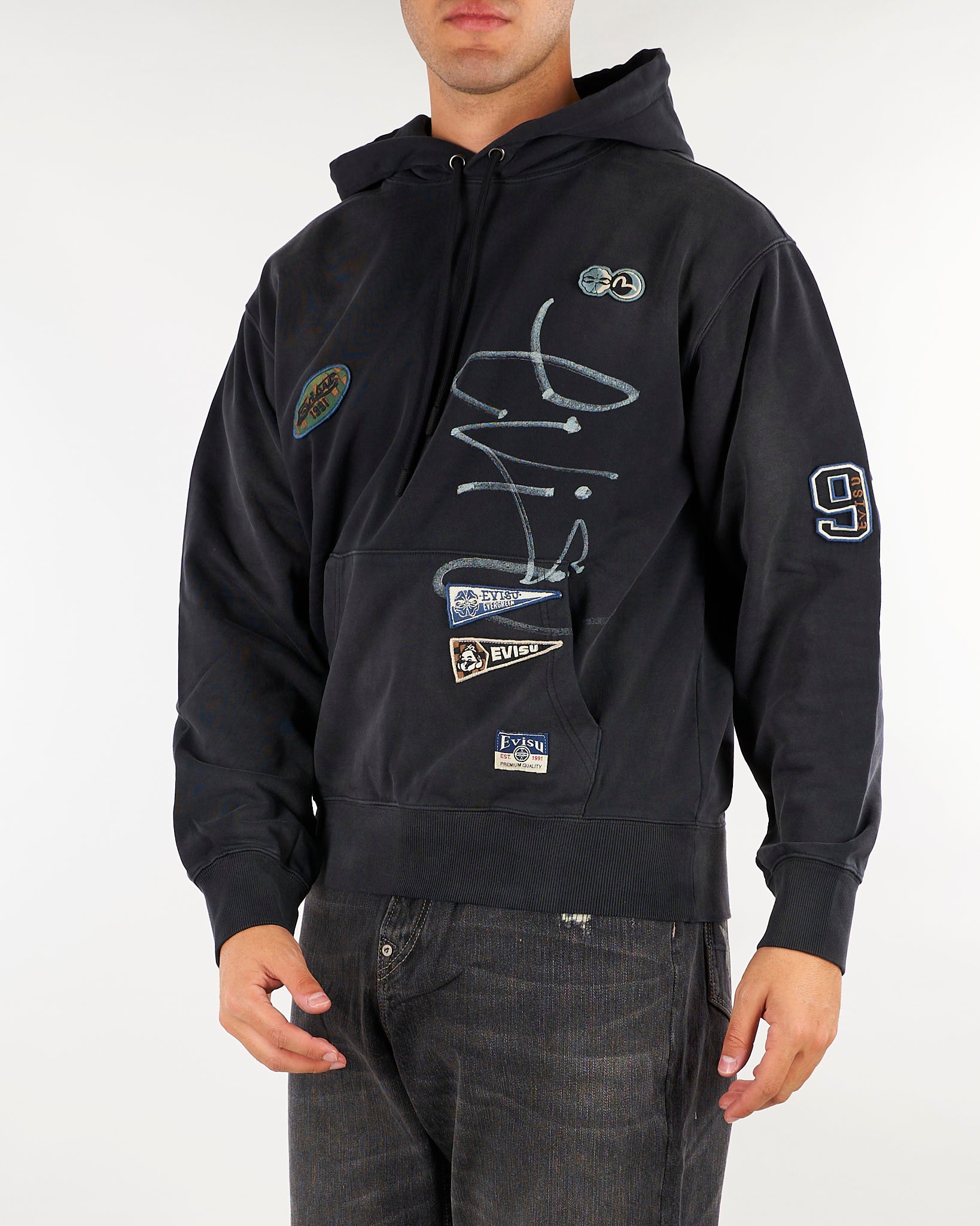 Felpa Nero con cappuccio e stemmi ricamati "Fortuna" 2EAHTM6SW1070RXCT BLKX EVISU 
