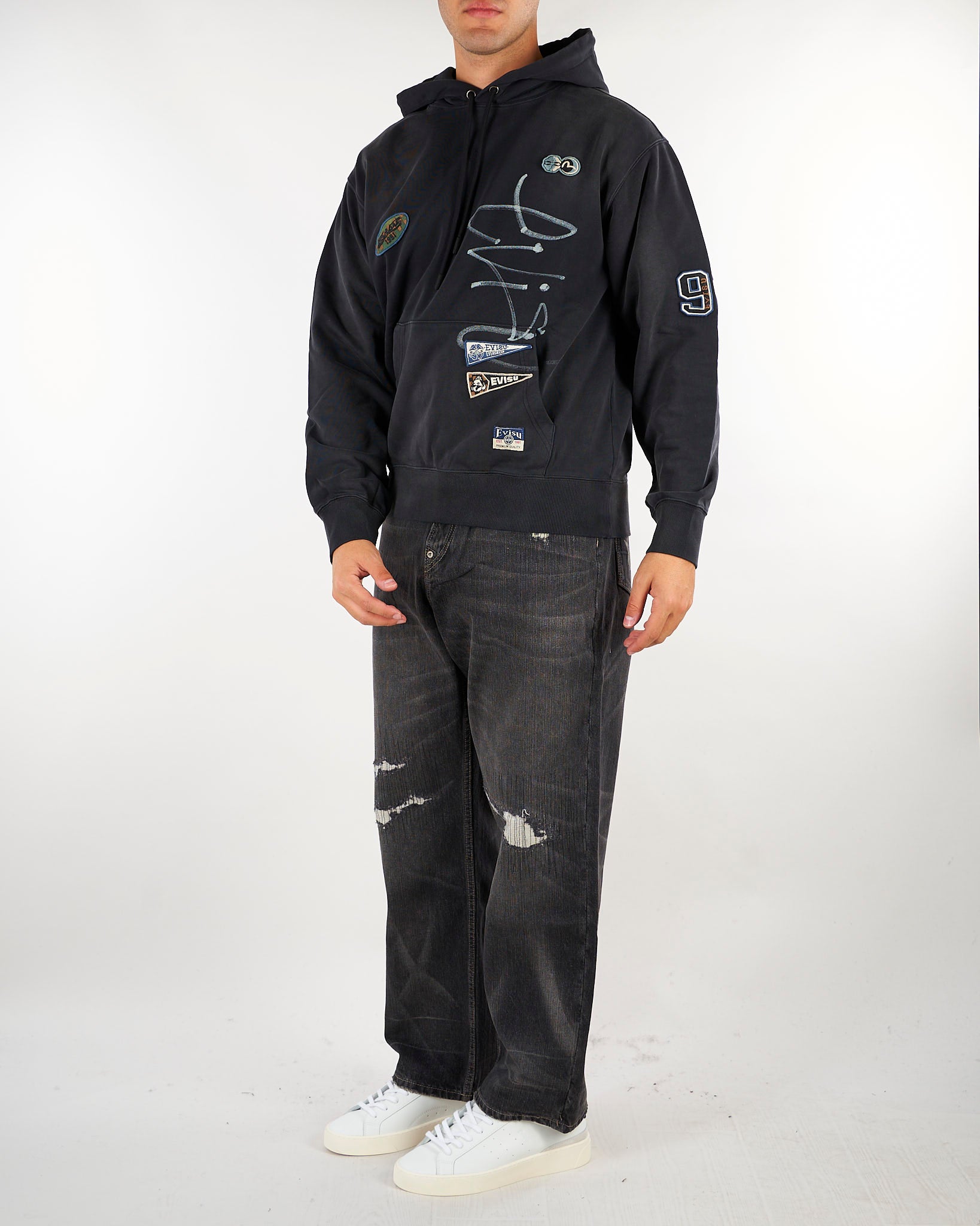Felpa Nero con cappuccio e stemmi ricamati "Fortuna" 2EAHTM6SW1070RXCT BLKX EVISU 