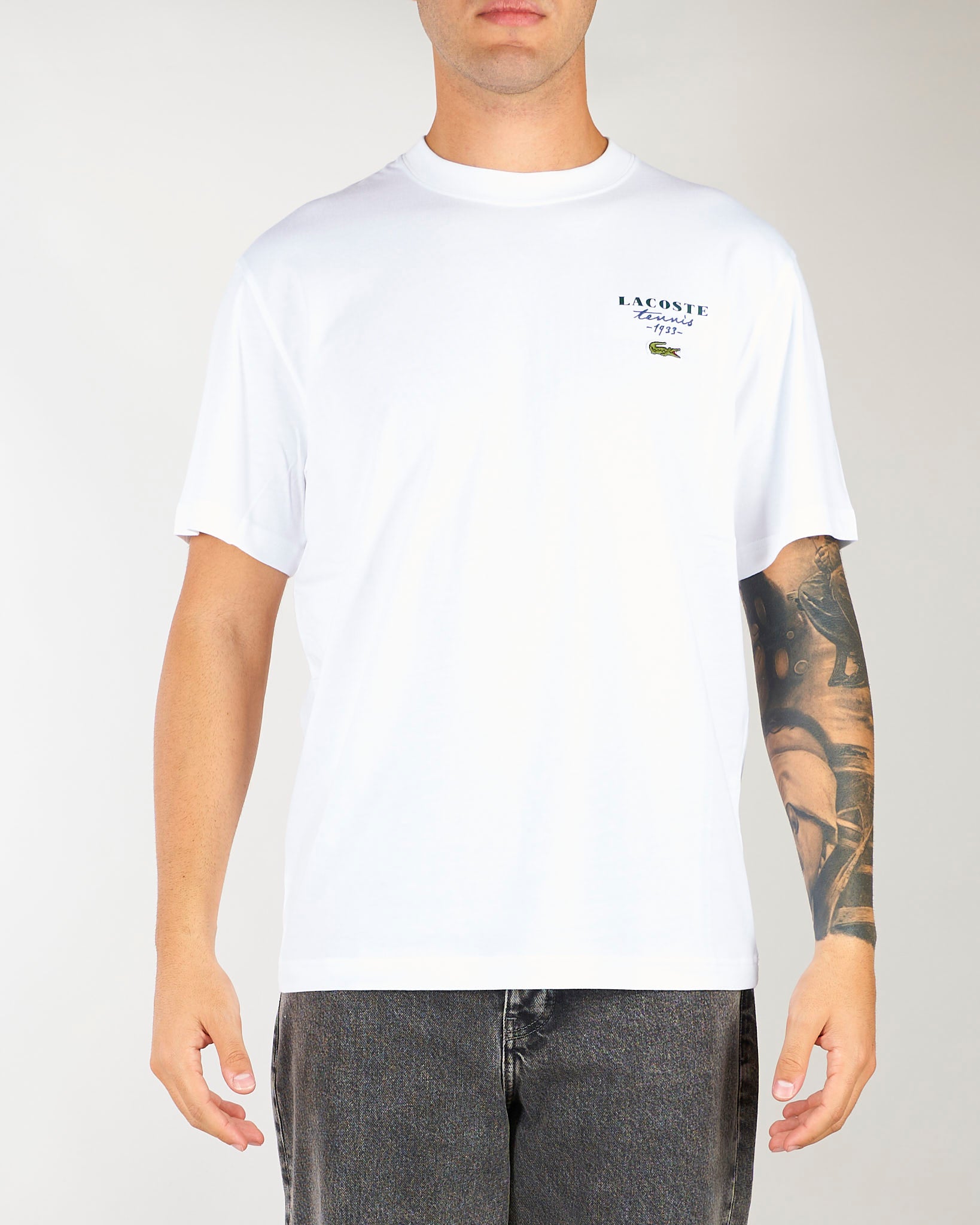 T-shirt Bianco in cotone con stampa tennis e ricamo TH2430 001 LACOSTE 