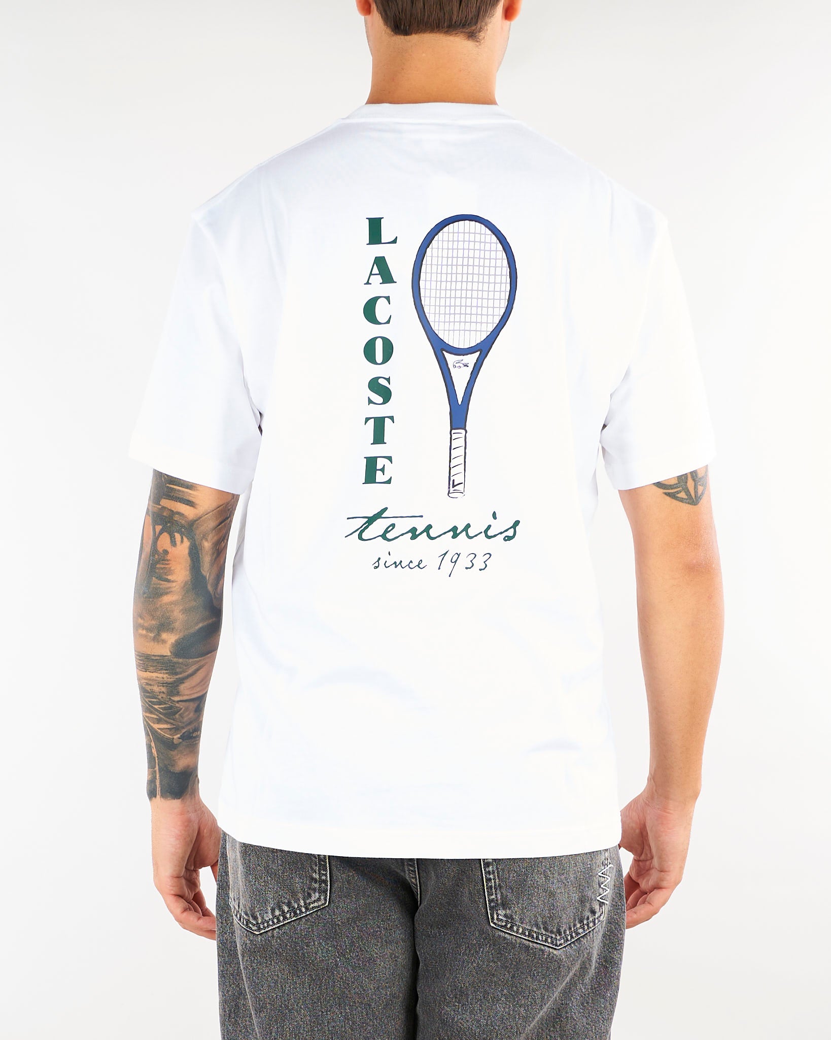 T-shirt Bianco in cotone con stampa tennis e ricamo TH2430 001 LACOSTE 