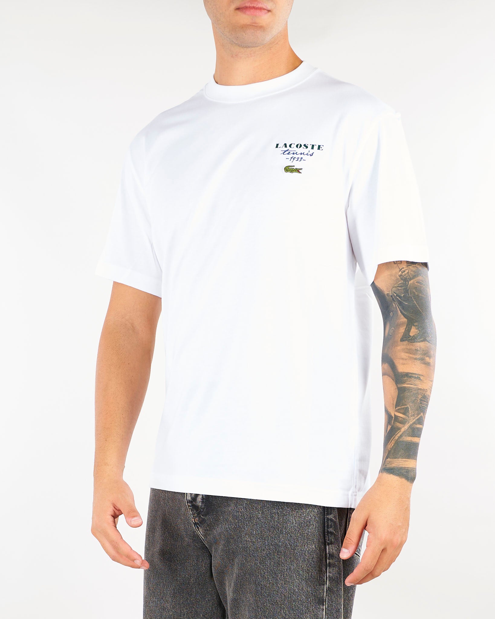 T-shirt Bianco in cotone con stampa tennis e ricamo TH2430 001 LACOSTE 