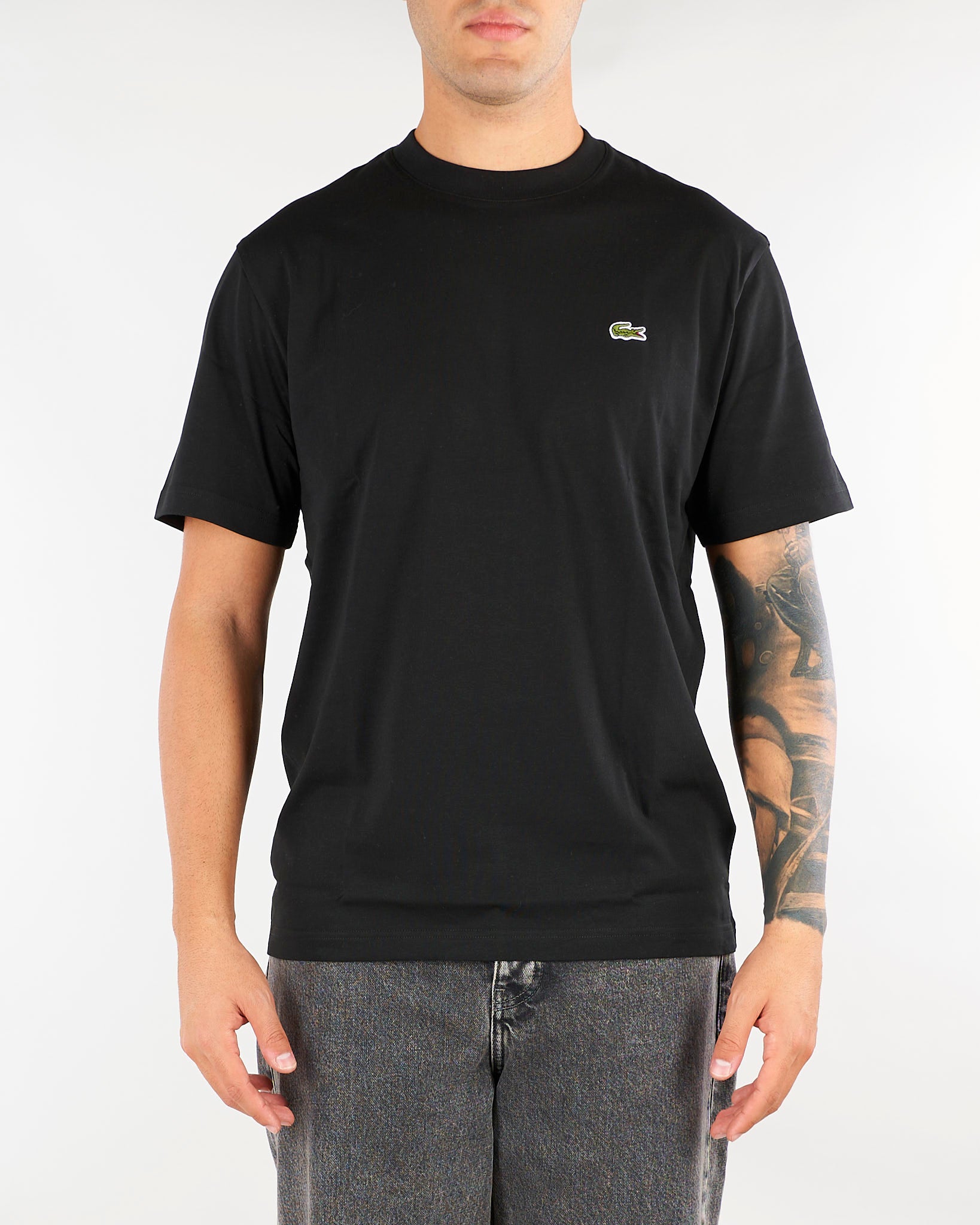 T-shirt Nero in cotone con logo TH7318 031 LACOSTE 
