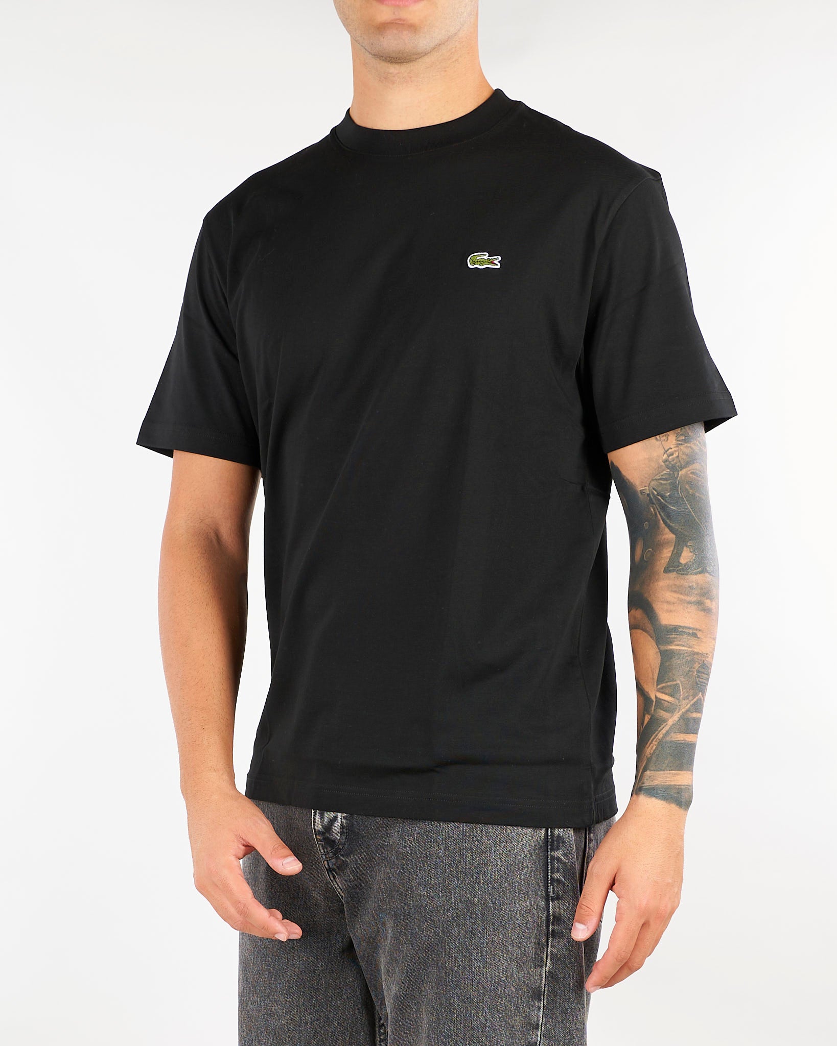 T-shirt Nero in cotone con logo TH7318 031 LACOSTE 