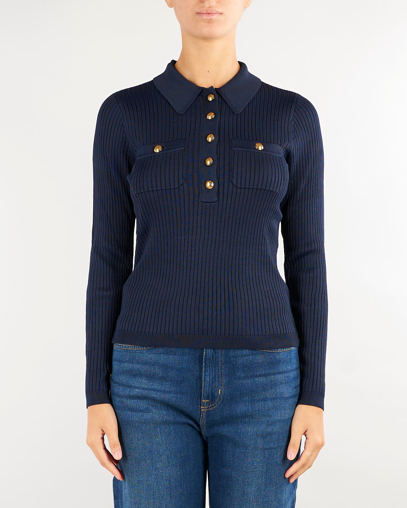 Maglia polo Blu a coste a maniche lunghe 200P03459 001 LAUREN RALPH LAUREN 