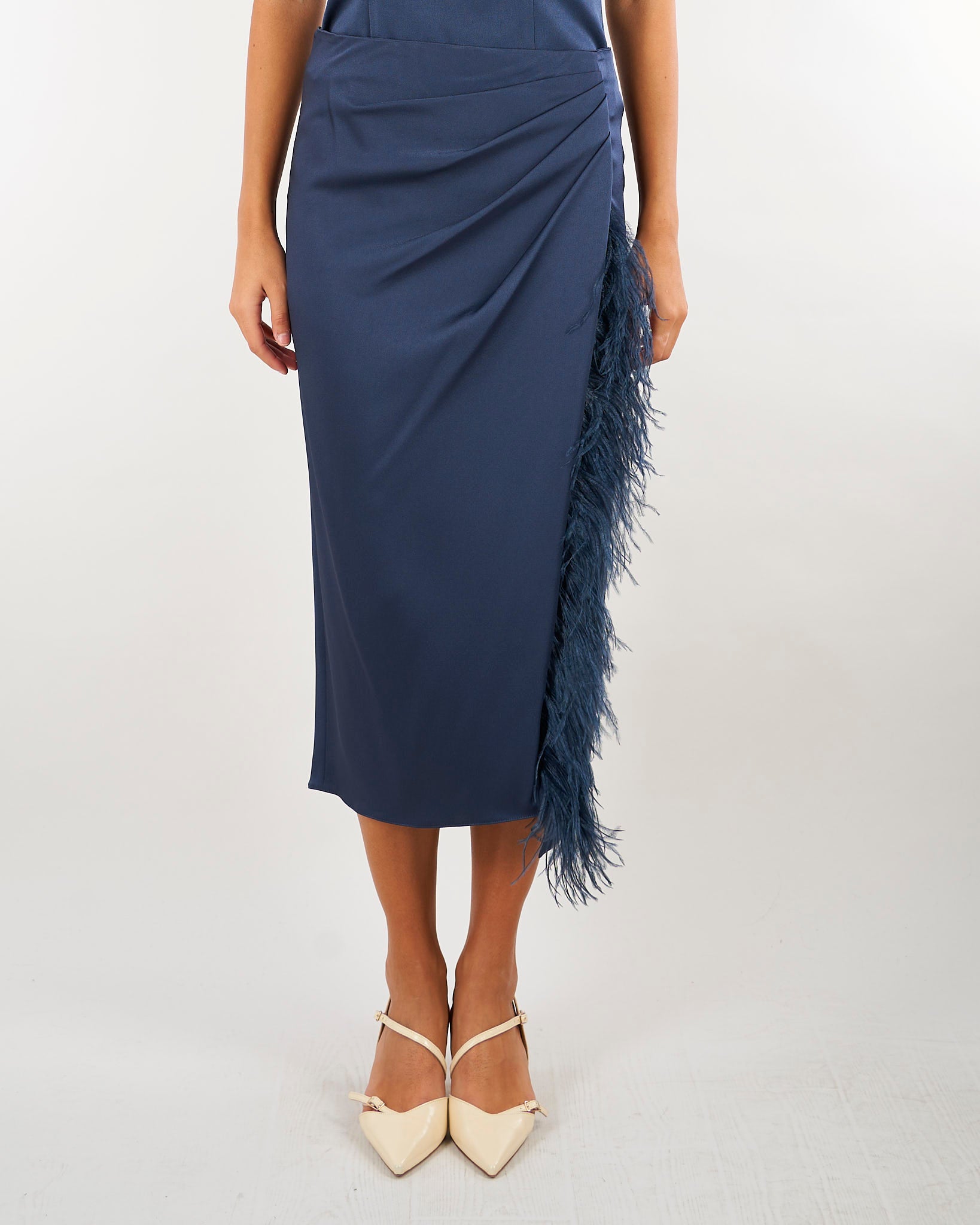 Gonna Blu a tubino in satin con piume MLLSOTTILE 3 MARELLA 