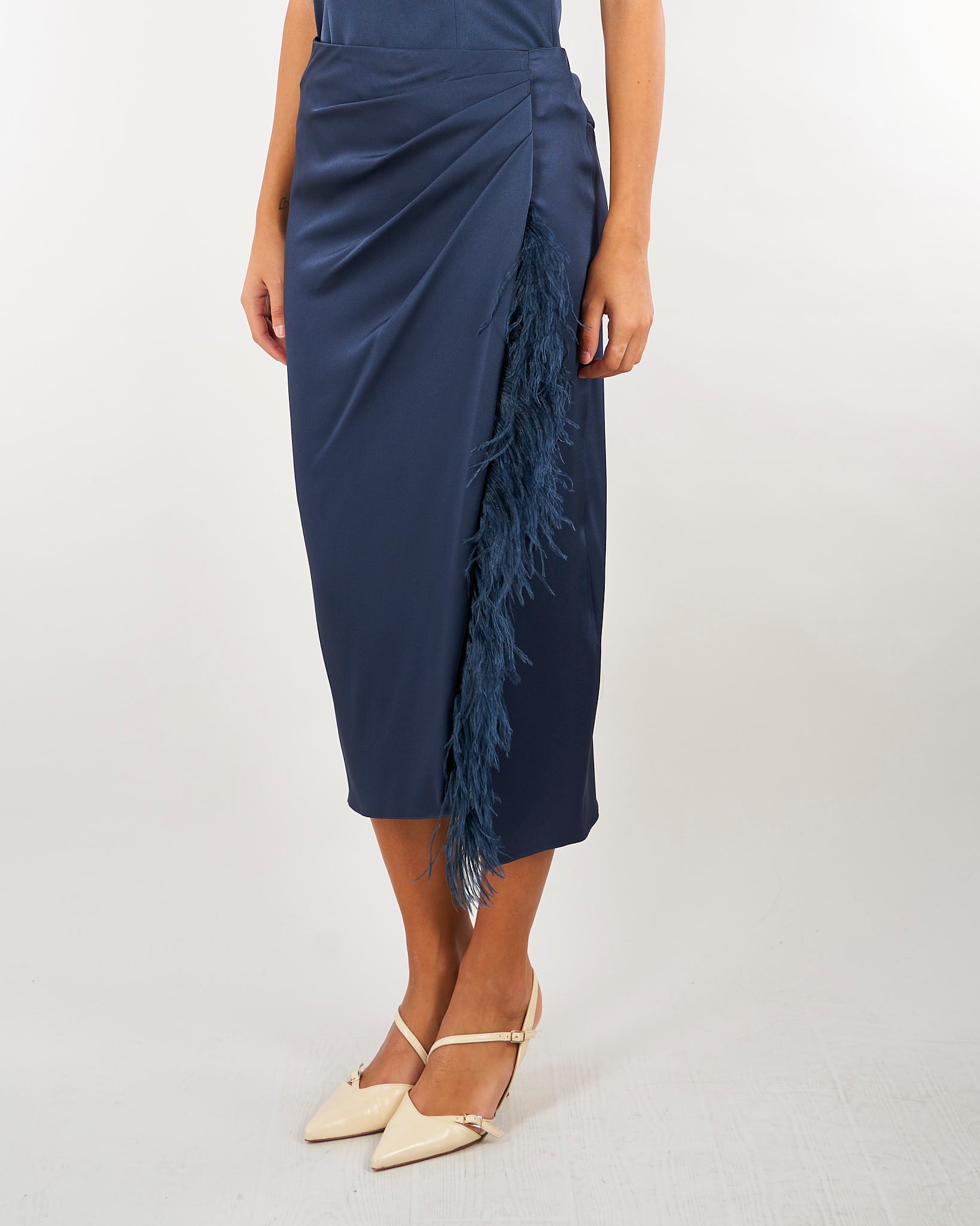 Gonna Blu a tubino in satin con piume MLLSOTTILE 3 MARELLA 