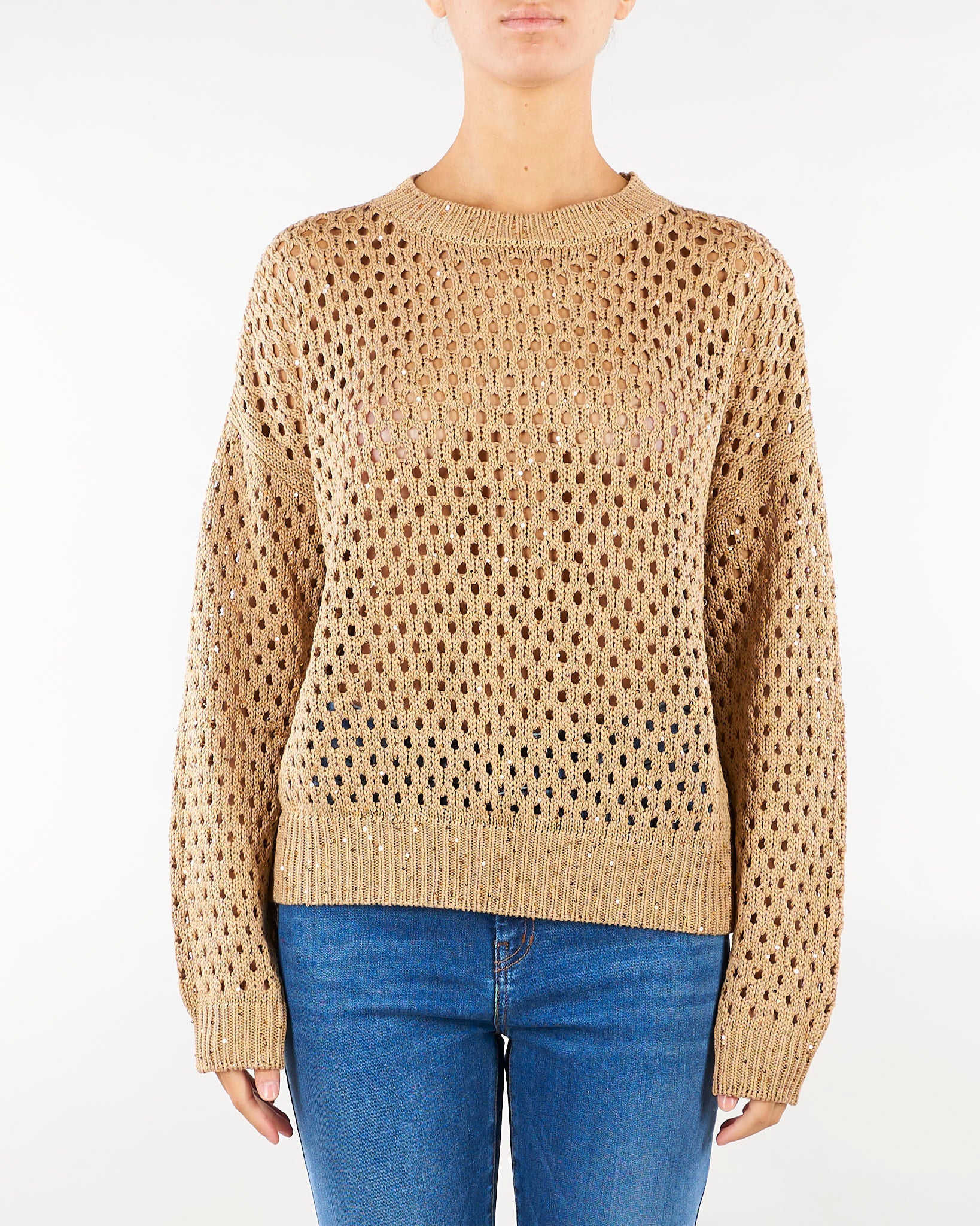 Maglia Beige boxy in cotone con paillette MSTGEYSER 1 MAX MARA STUDIO 