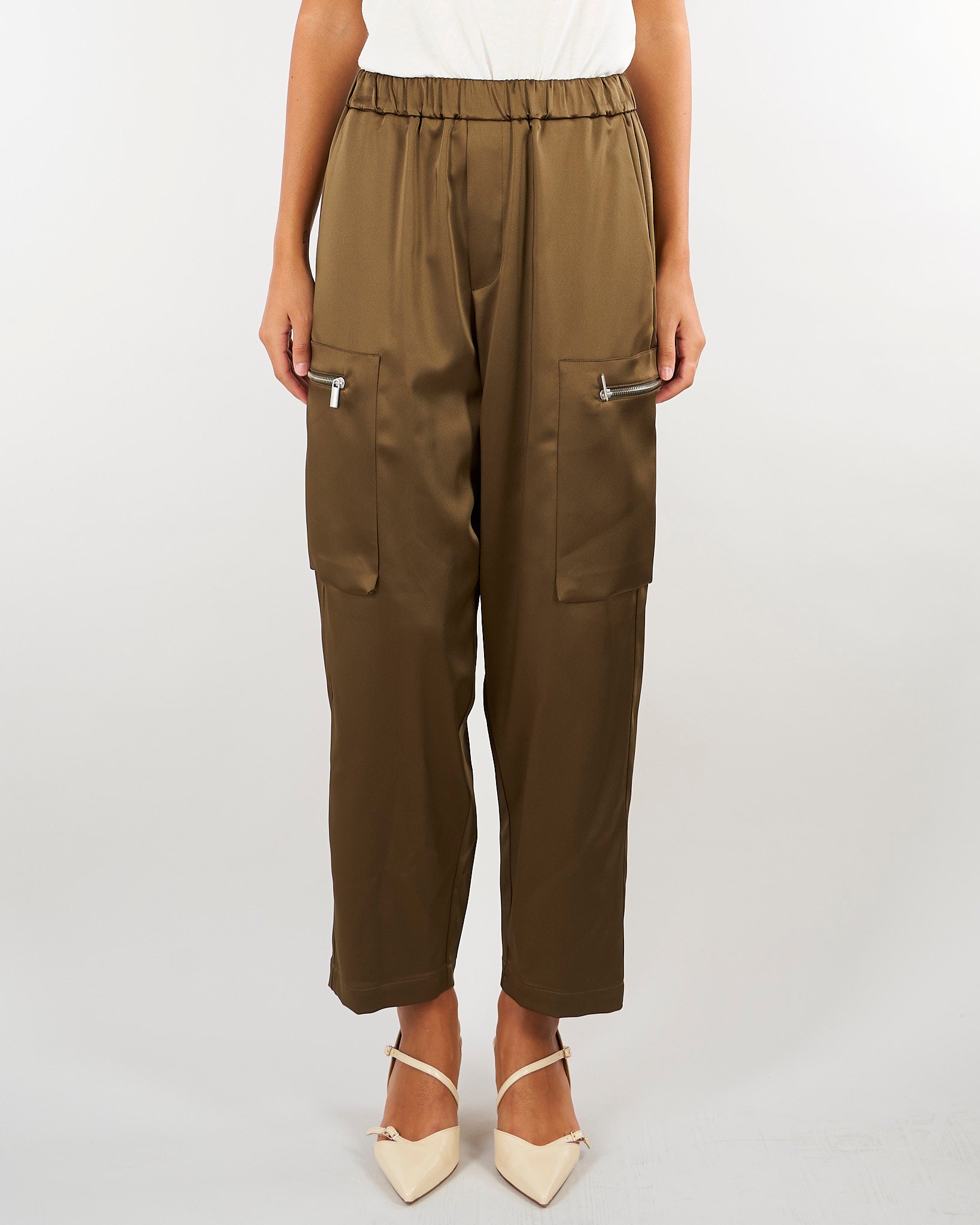 Pantalone Verde cargo in raso stretch con tasche a toppa M6FF00 449 MEIMEIJ 