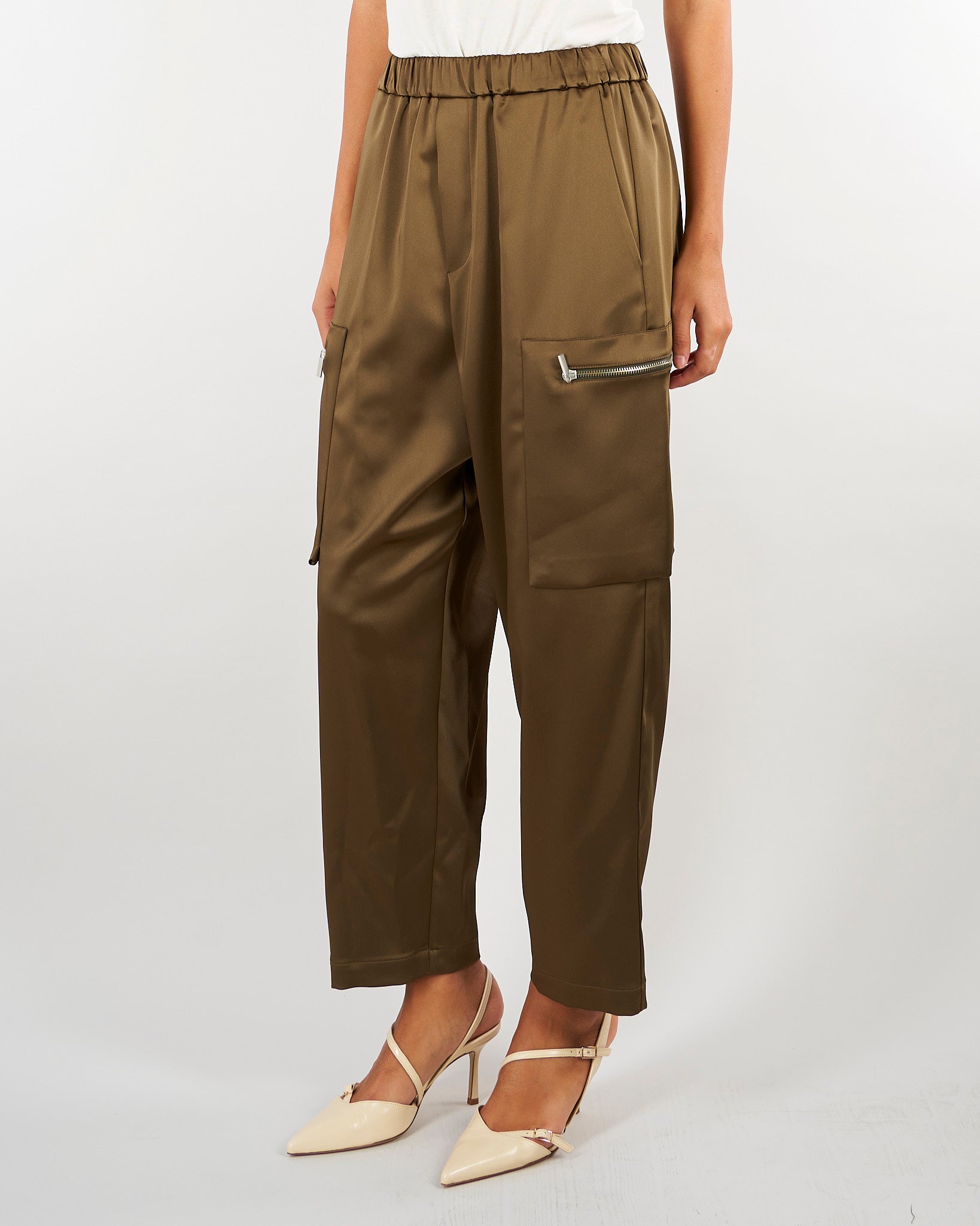 Pantalone Verde cargo in raso stretch con tasche a toppa M6FF00 449 MEIMEIJ 