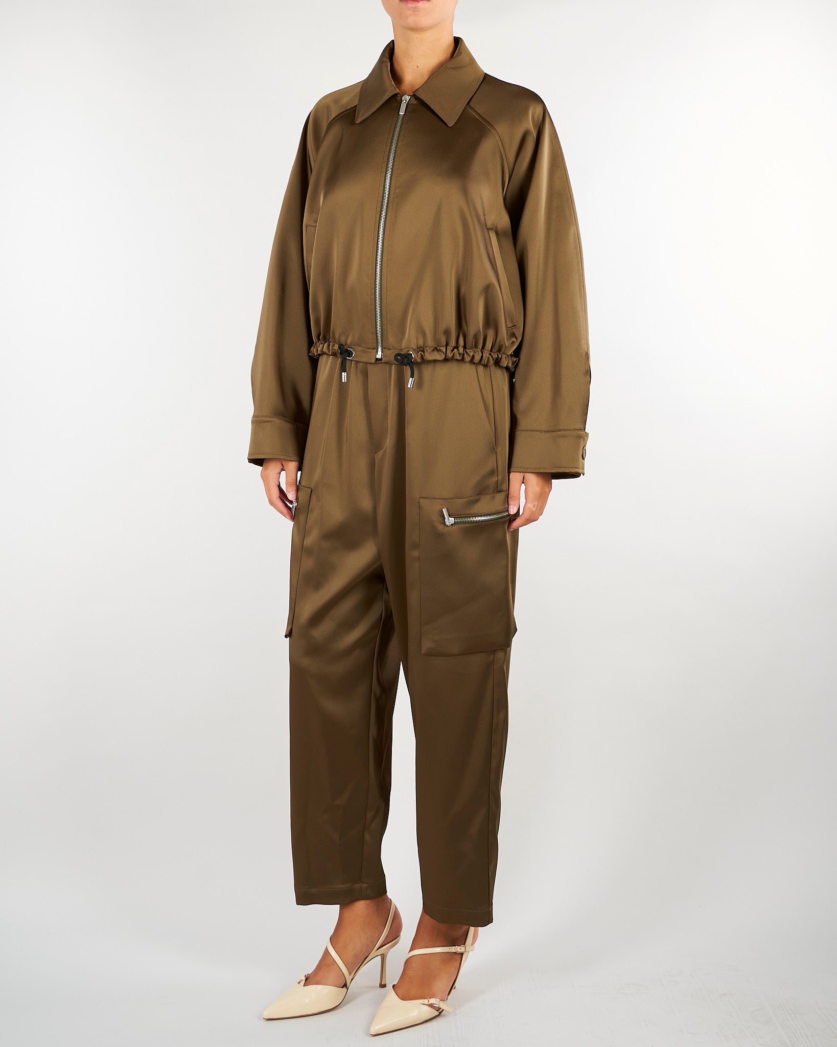 Giacca Verde con coulisse e zip in raso stretch M6FF04 449 MEIMEIJ 