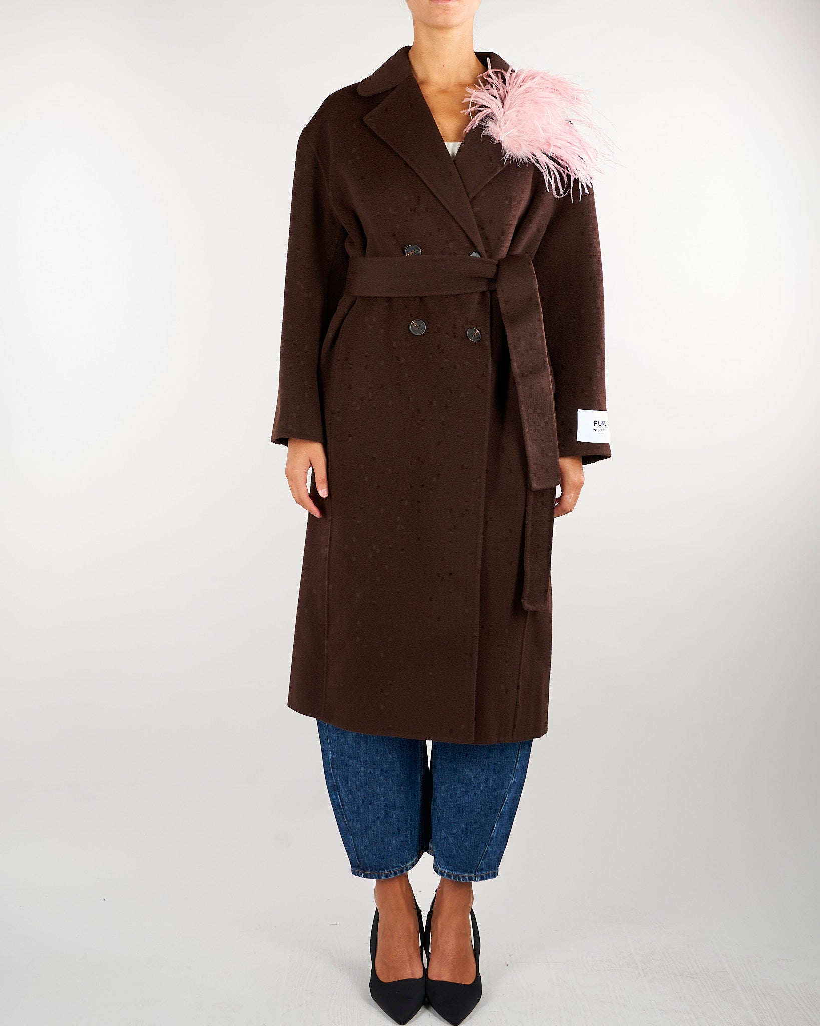 Cappotto Vaprio Cacao con spilla con piume VAPRIO 604 NENETTE 