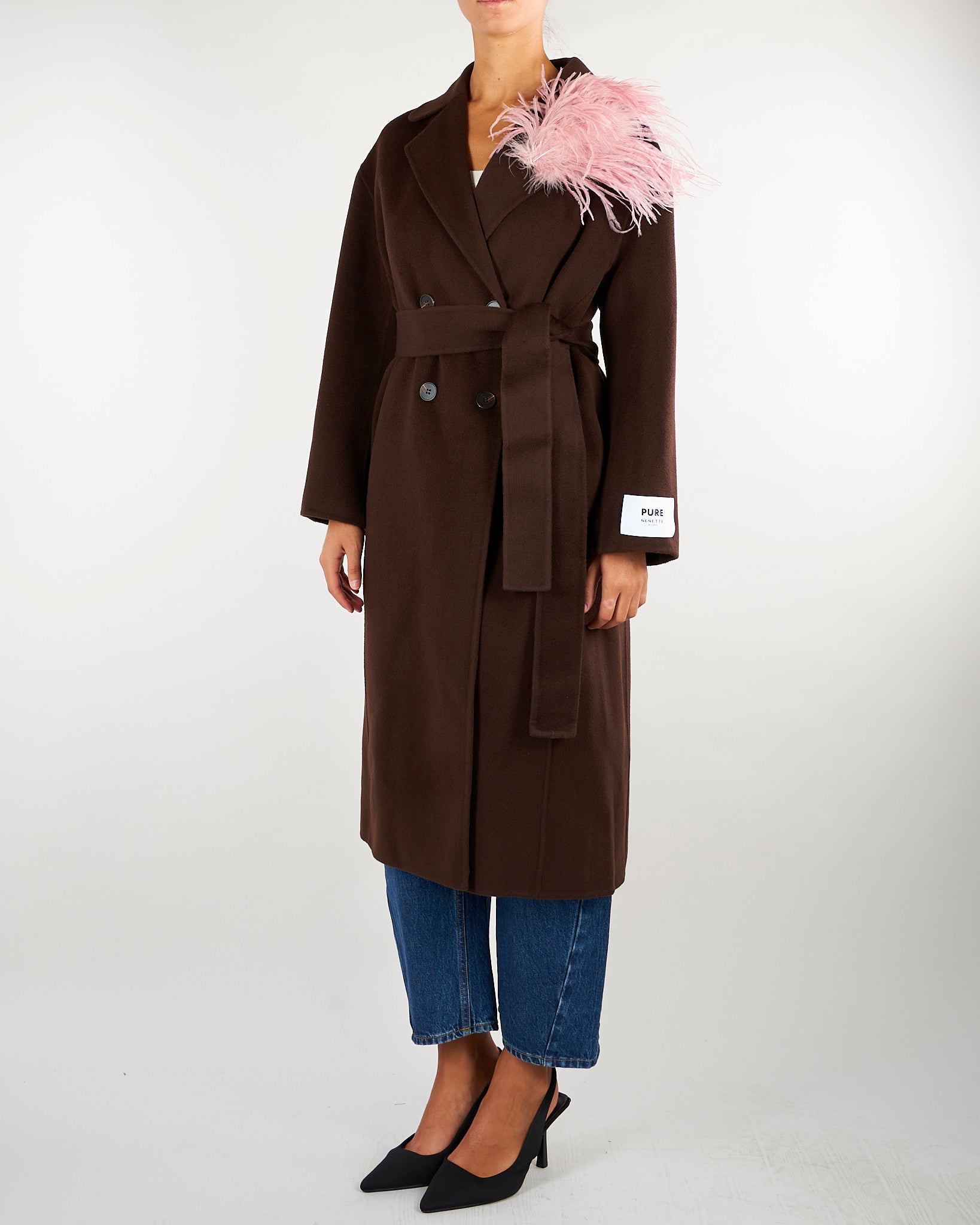 Cappotto Vaprio Cacao con spilla con piume VAPRIO 604 NENETTE 