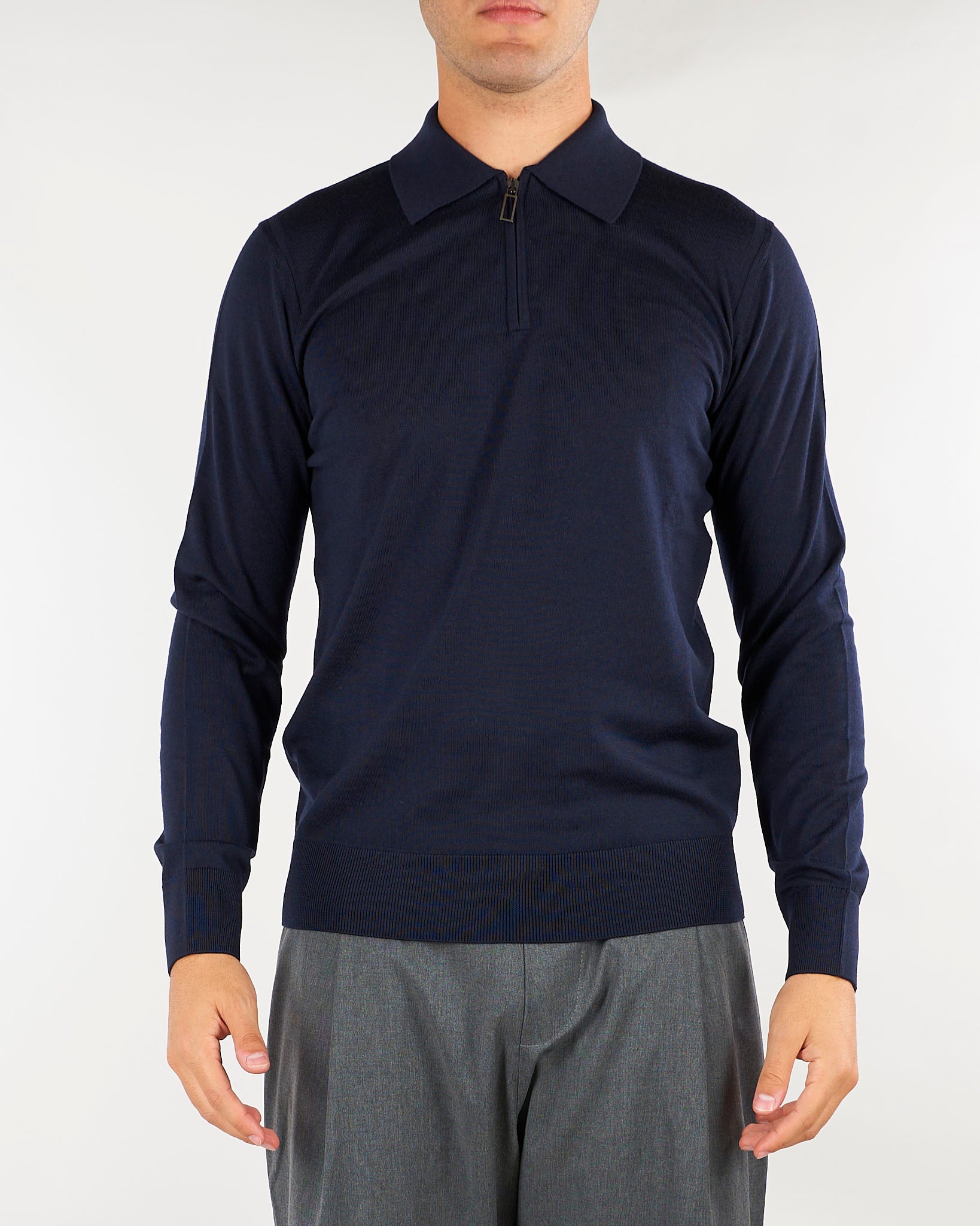 Maglia Polo Blu con zip in lana merinos extrafine A002F001 6462 PAOLO PECORA 