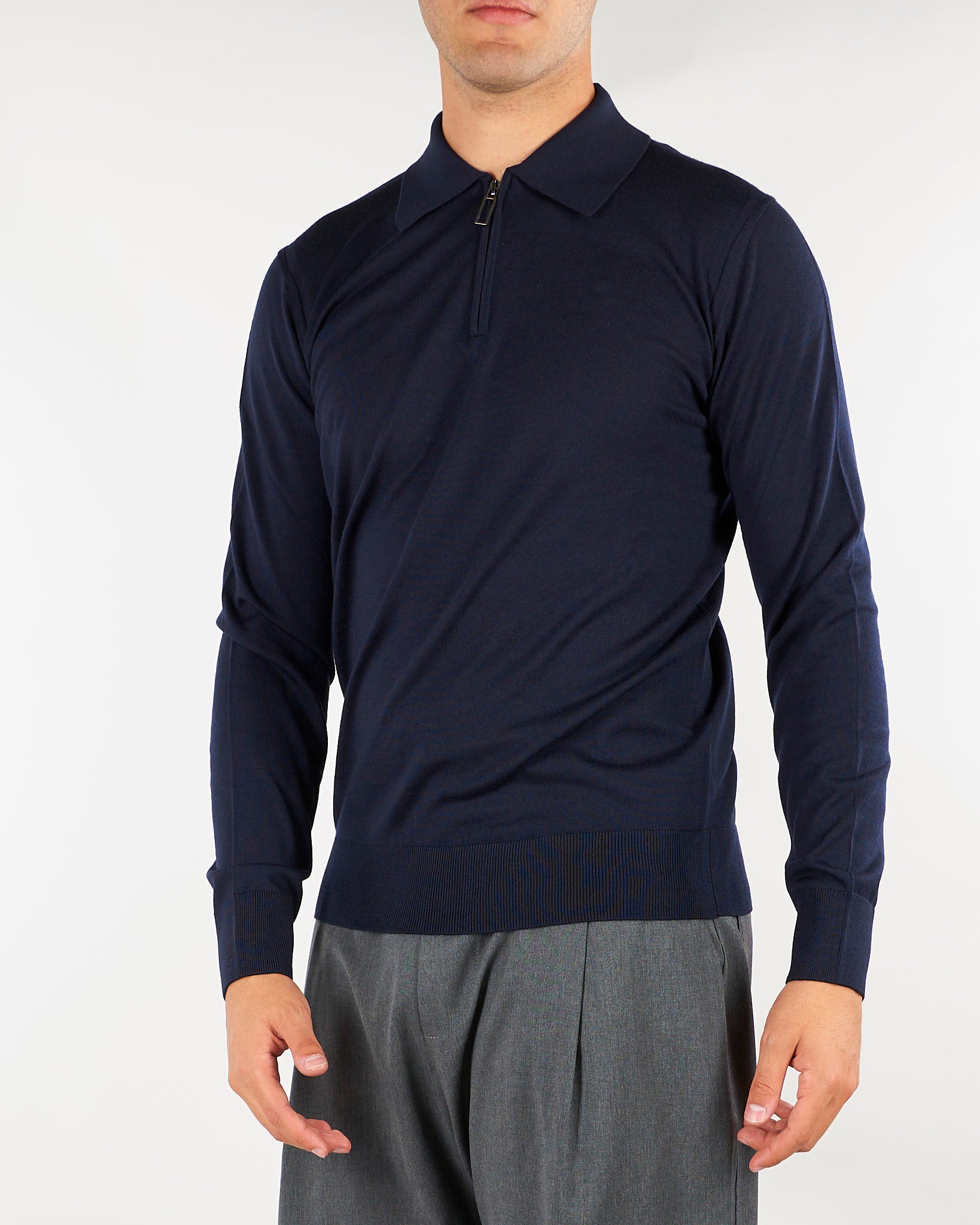 Maglia Polo Blu con zip in lana merinos extrafine A002F001 6462 PAOLO PECORA 