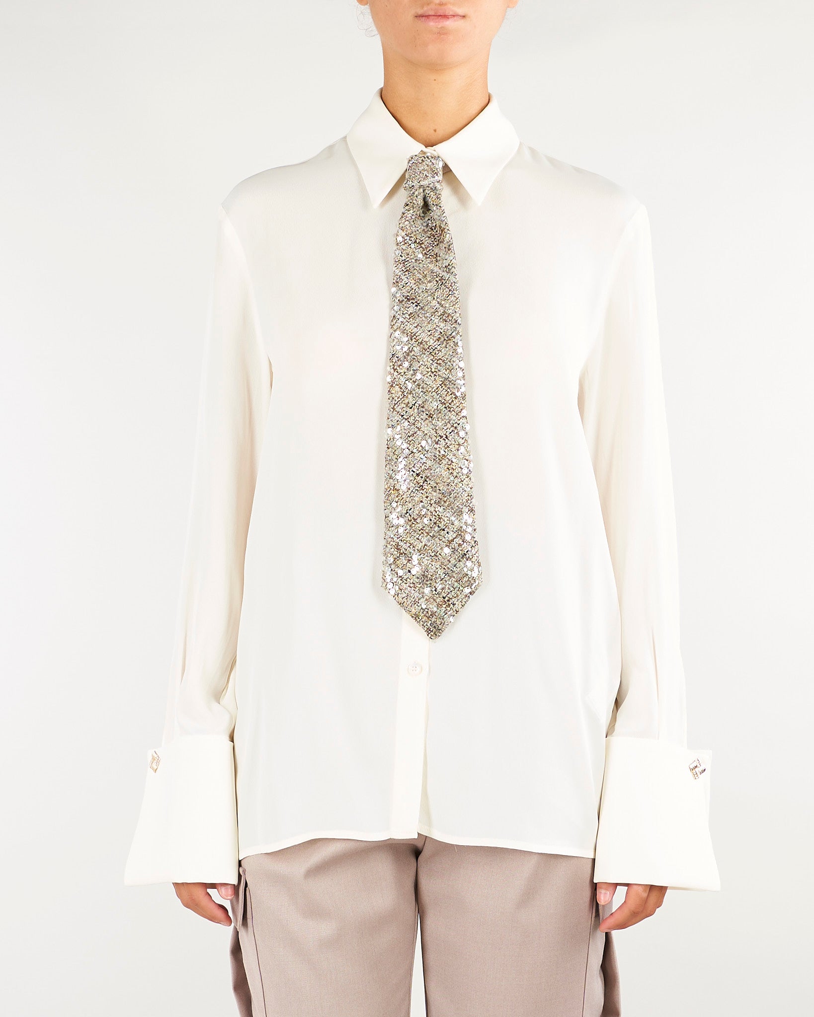 Camicia Burro in seta e viscosa con cravatta bouclè con paillettes CAW0103TGEO0055 V0000 SIMONA CORSELLINI 