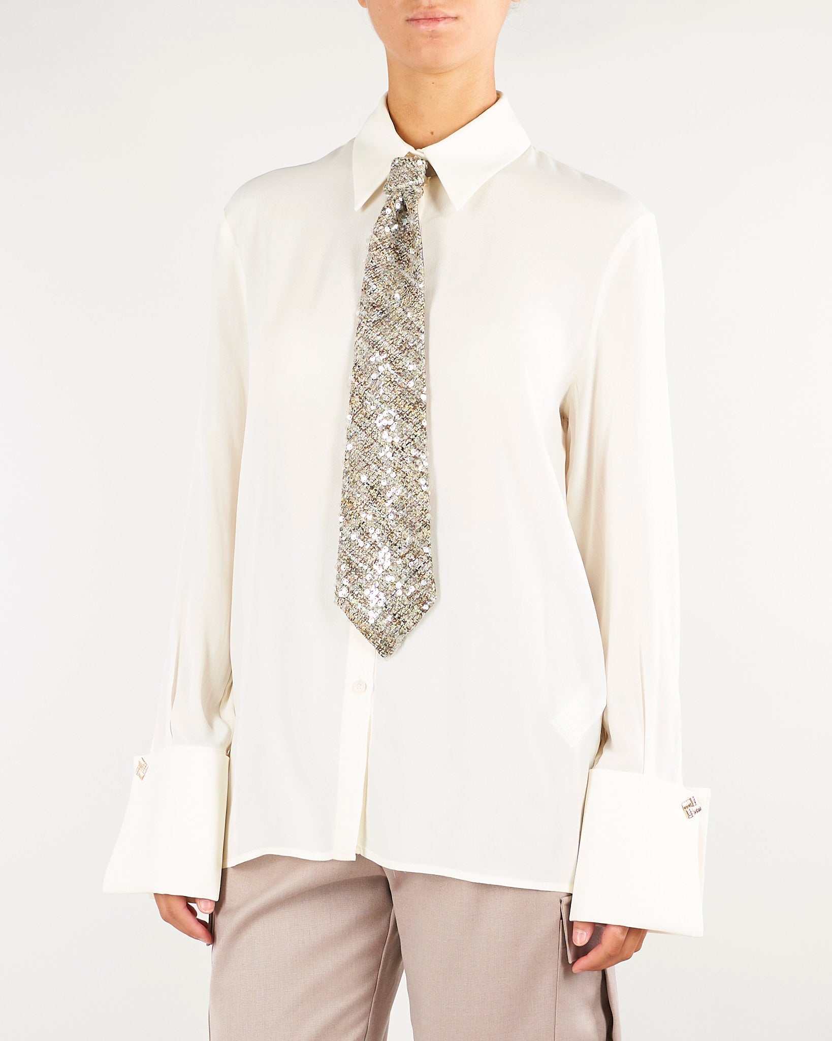 Camicia Burro in seta e viscosa con cravatta bouclè con paillettes CAW0103TGEO0055 V0000 SIMONA CORSELLINI 