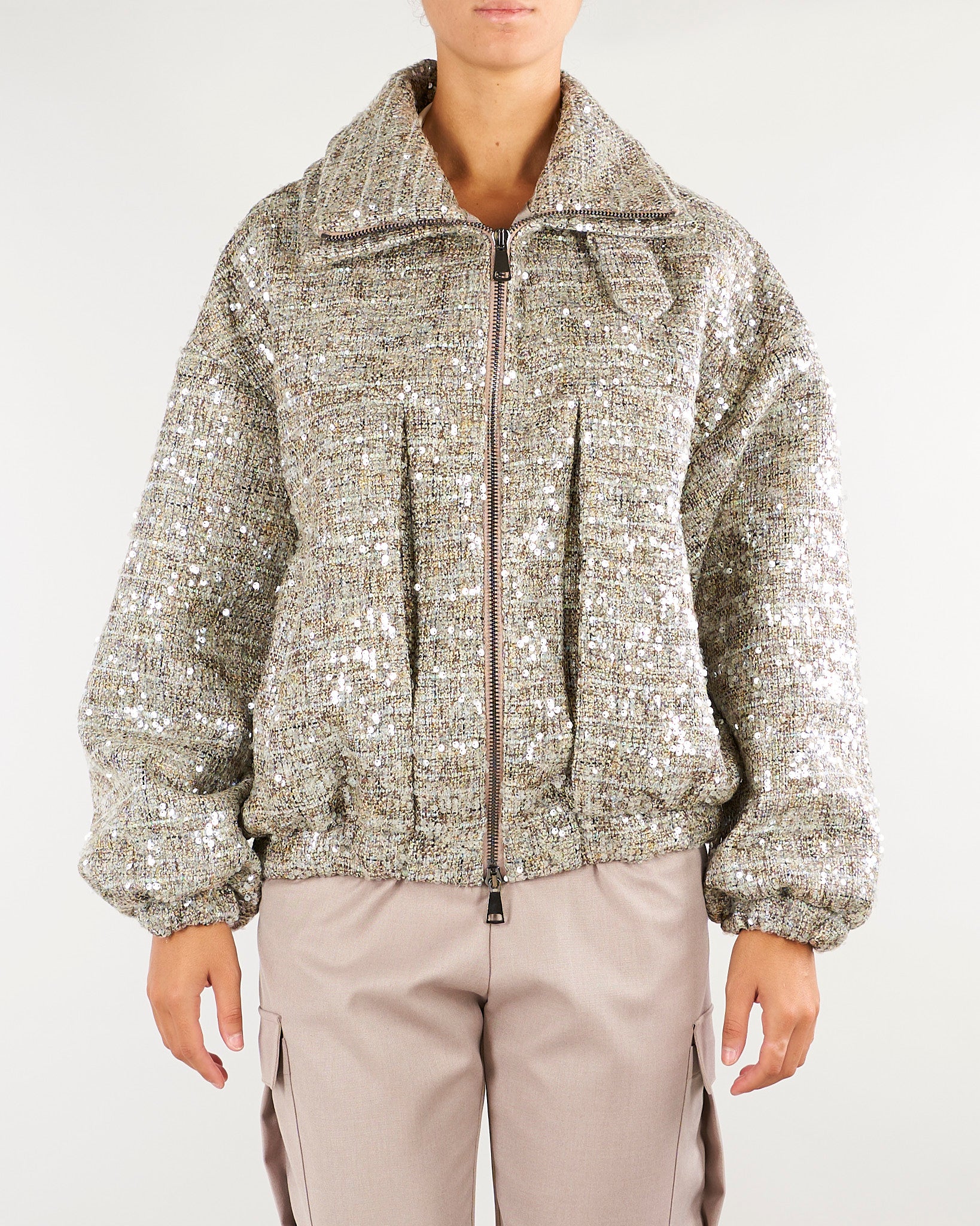 Giubbotto Bomber Beige in bouclè con paillettes GB00101TCHA0009 V0000 SIMONA CORSELLINI 