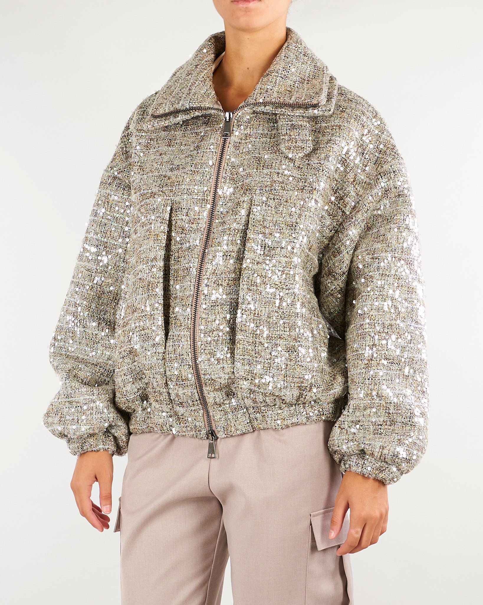 Giubbotto Bomber Beige in bouclè con paillettes GB00101TCHA0009 V0000 SIMONA CORSELLINI 