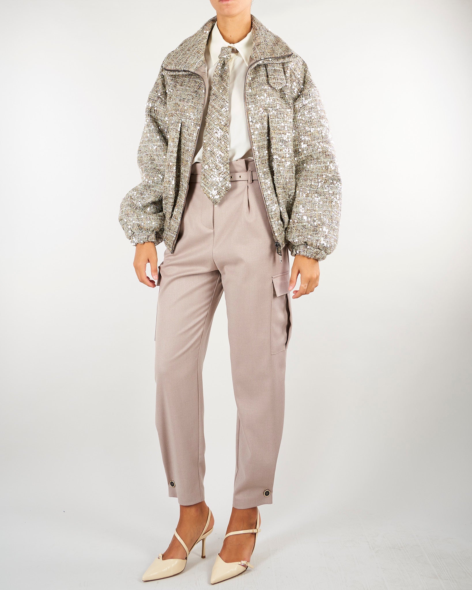 Giubbotto Bomber Beige in bouclè con paillettes GB00101TCHA0009 V0000 SIMONA CORSELLINI 