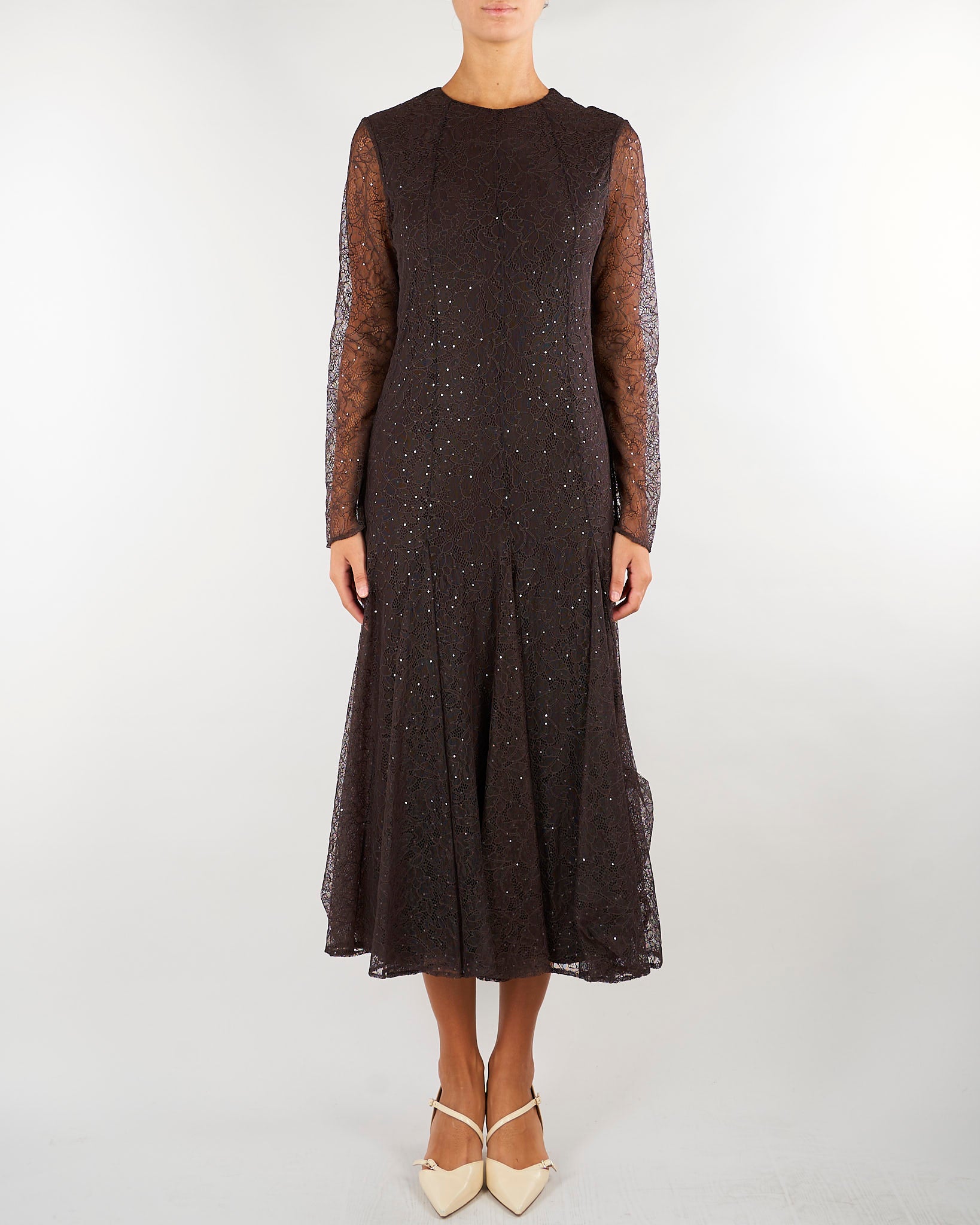 Abito midi Marrone in pizzo con paillettes TF2080 13611 TWIN SET 
