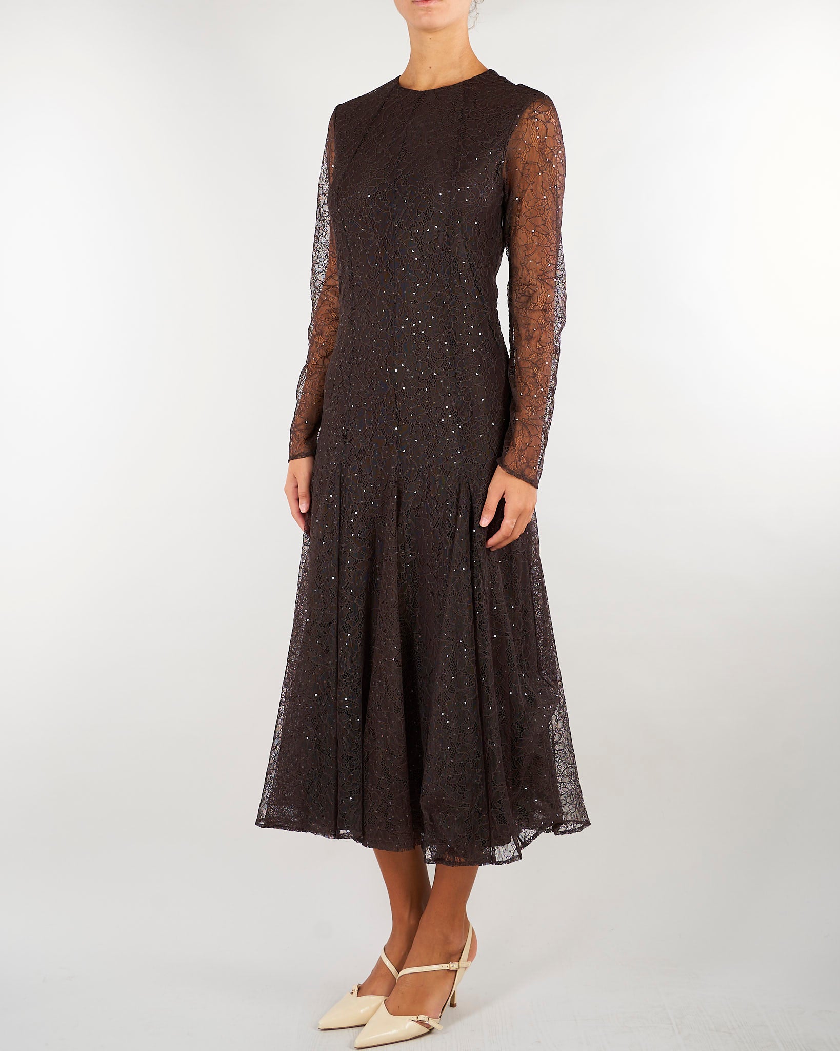 Abito midi Marrone in pizzo con paillettes TF2080 13611 TWIN SET 