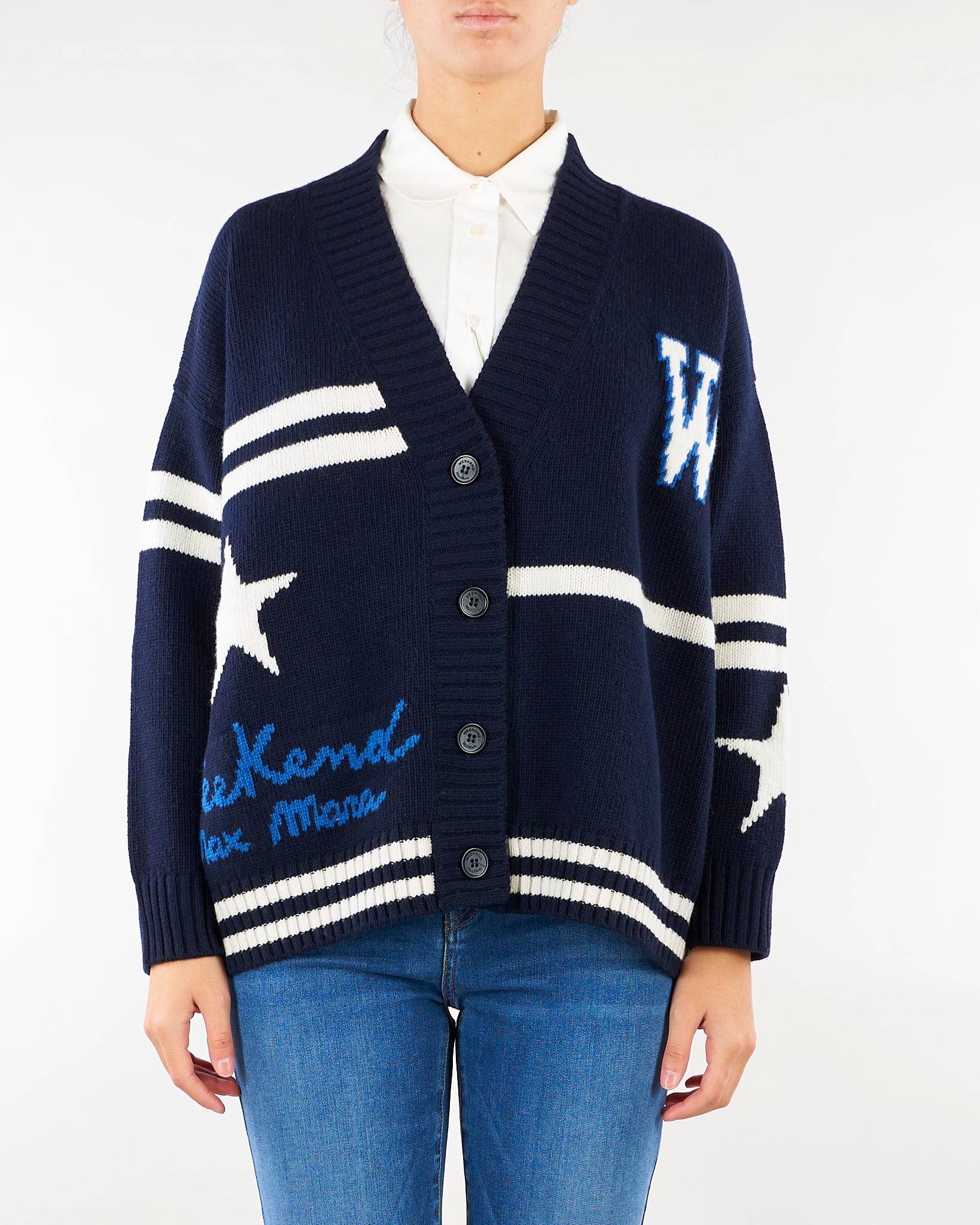 Cardigan Blu in lana jacquard WKDBELGIO 5 WEEKEND MAX MARA 