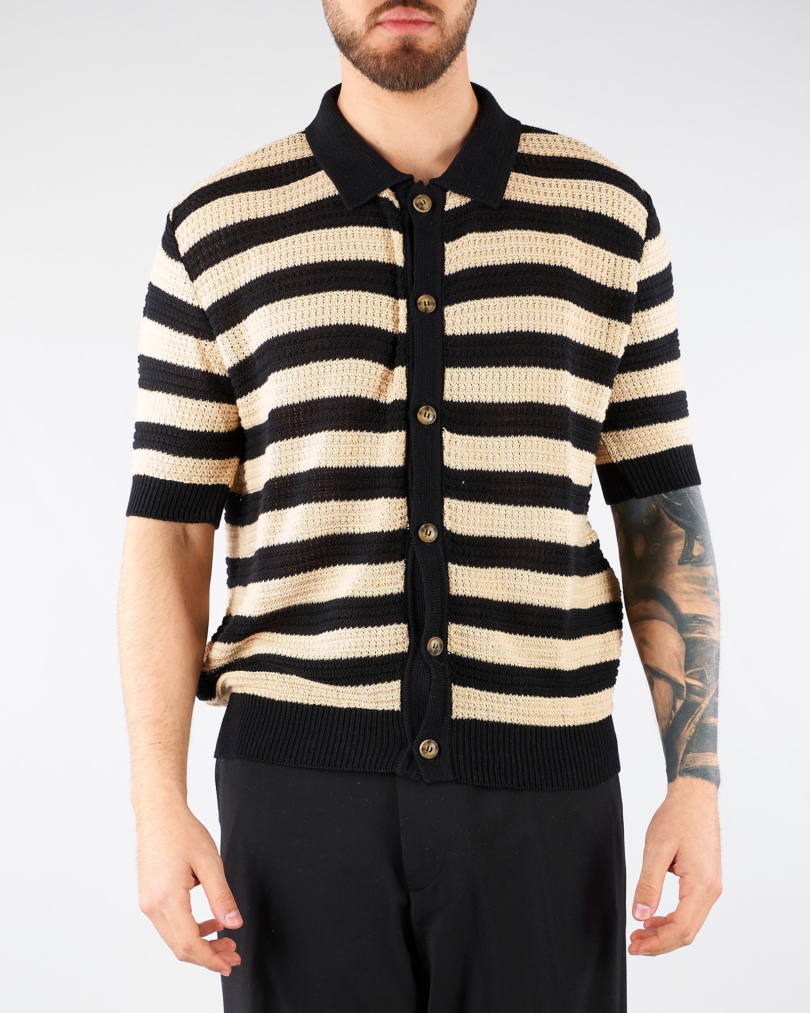 Polo in Maglia Nero-Crema a righe S6PKMAKP077 110 A PAPER KID 
