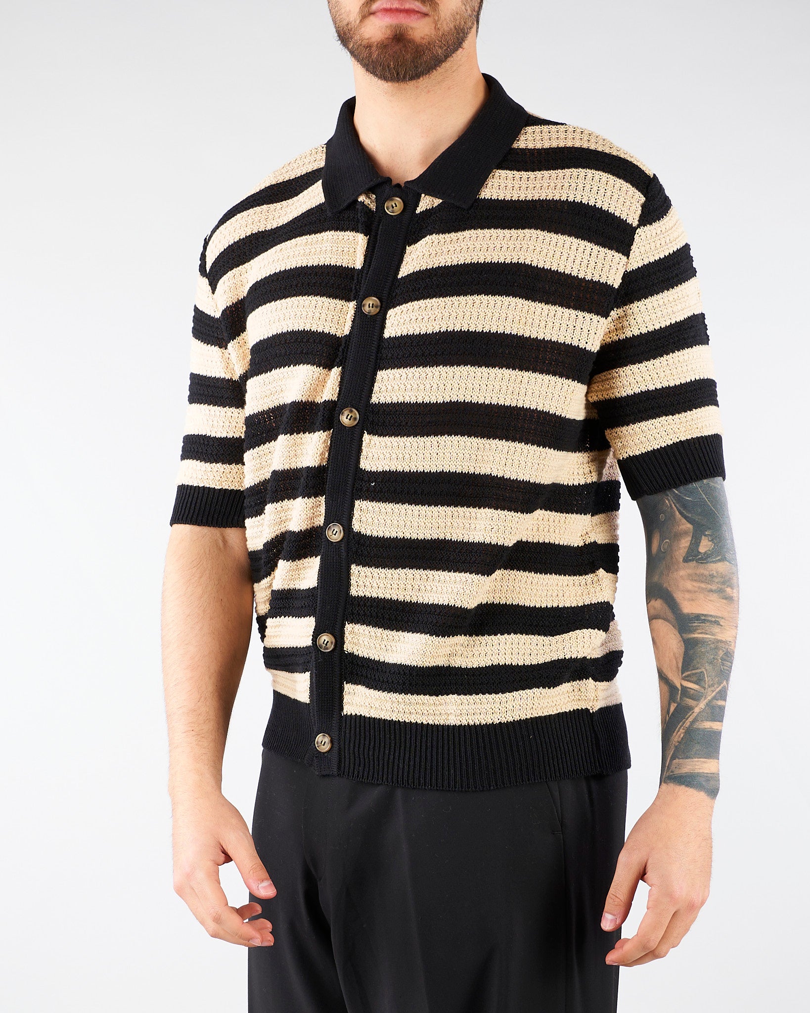 Polo in Maglia Nero-Crema a righe S6PKMAKP077 110 A PAPER KID 
