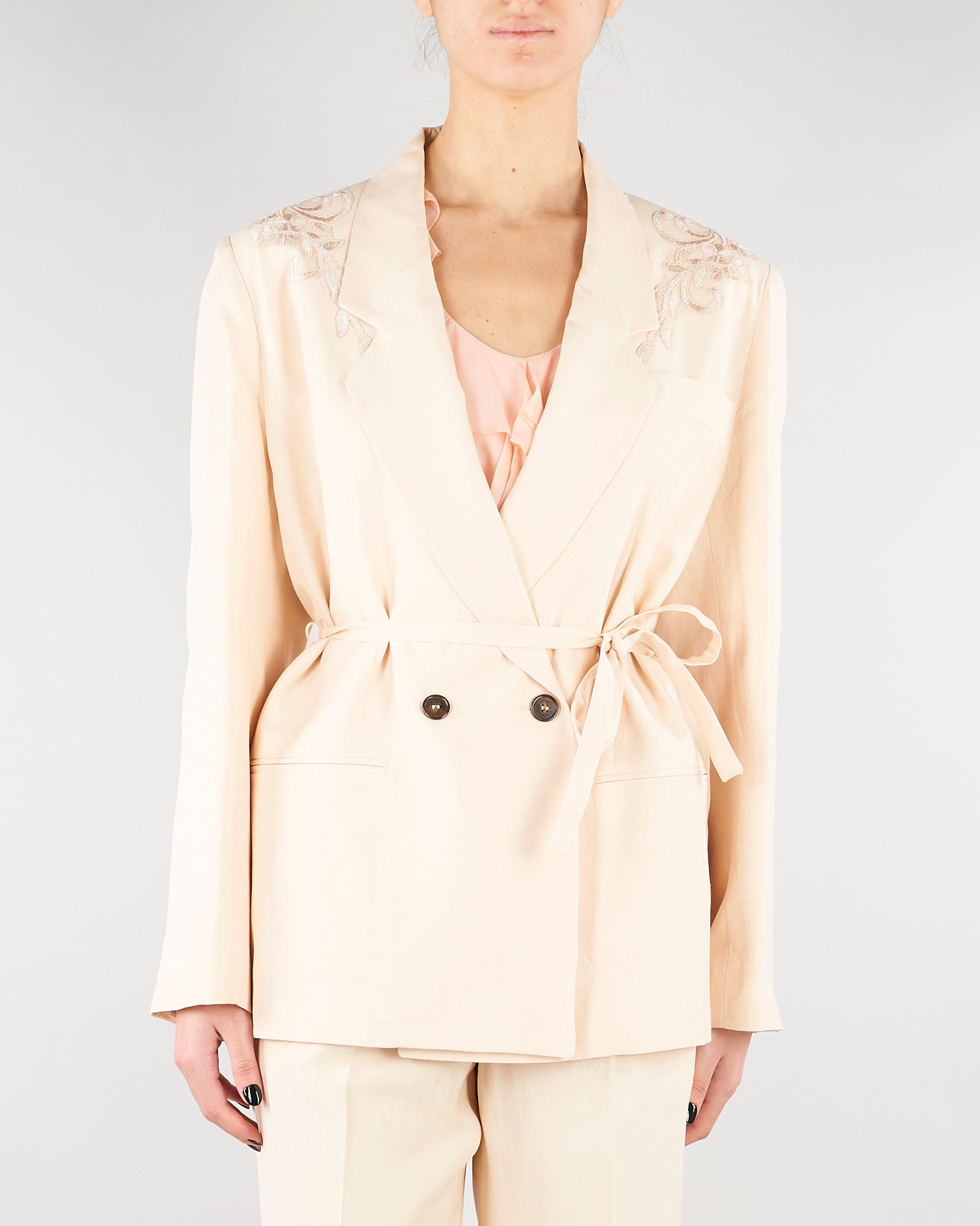 Giacca Over Crema in misto lino con ricamo RA6091T8823 P9545 BLUGIRL 