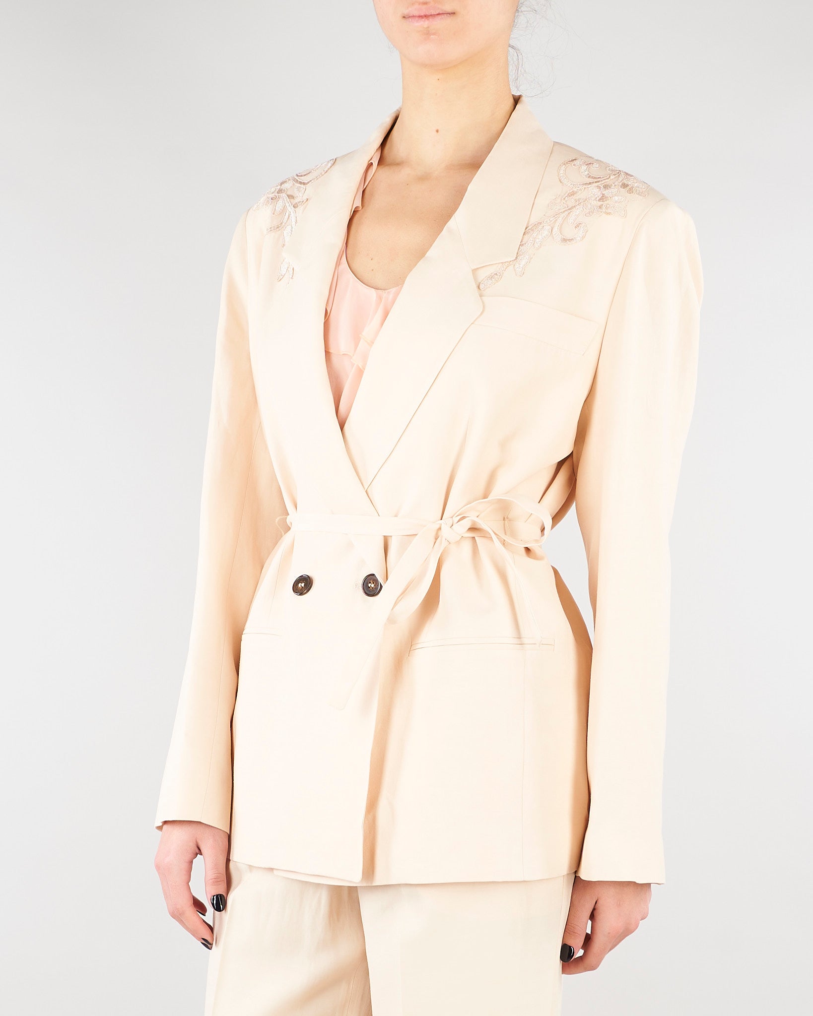 Giacca Over Crema in misto lino con ricamo RA6091T8823 P9545 BLUGIRL 
