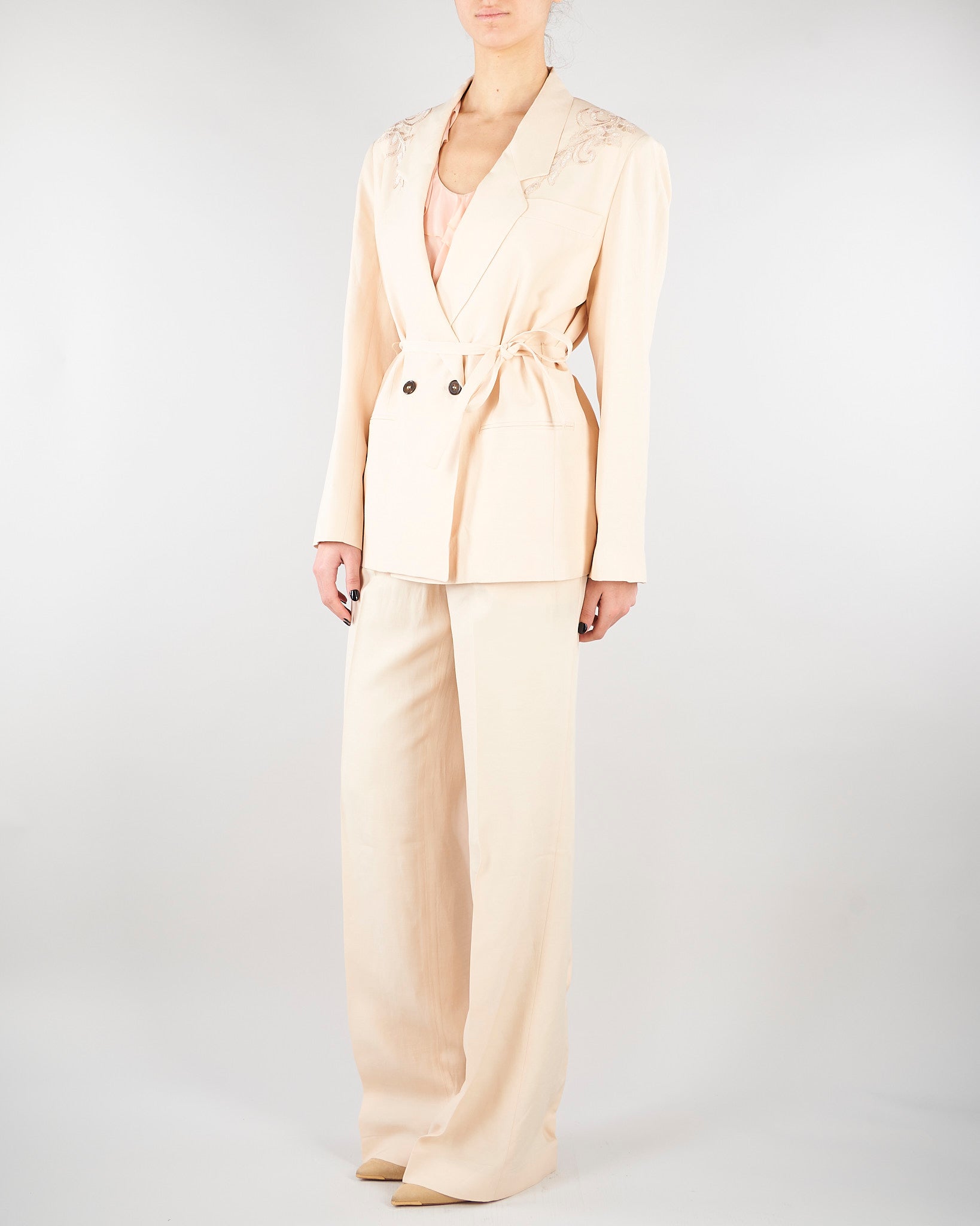 Giacca Over Crema in misto lino con ricamo RA6091T8823 P9545 BLUGIRL 