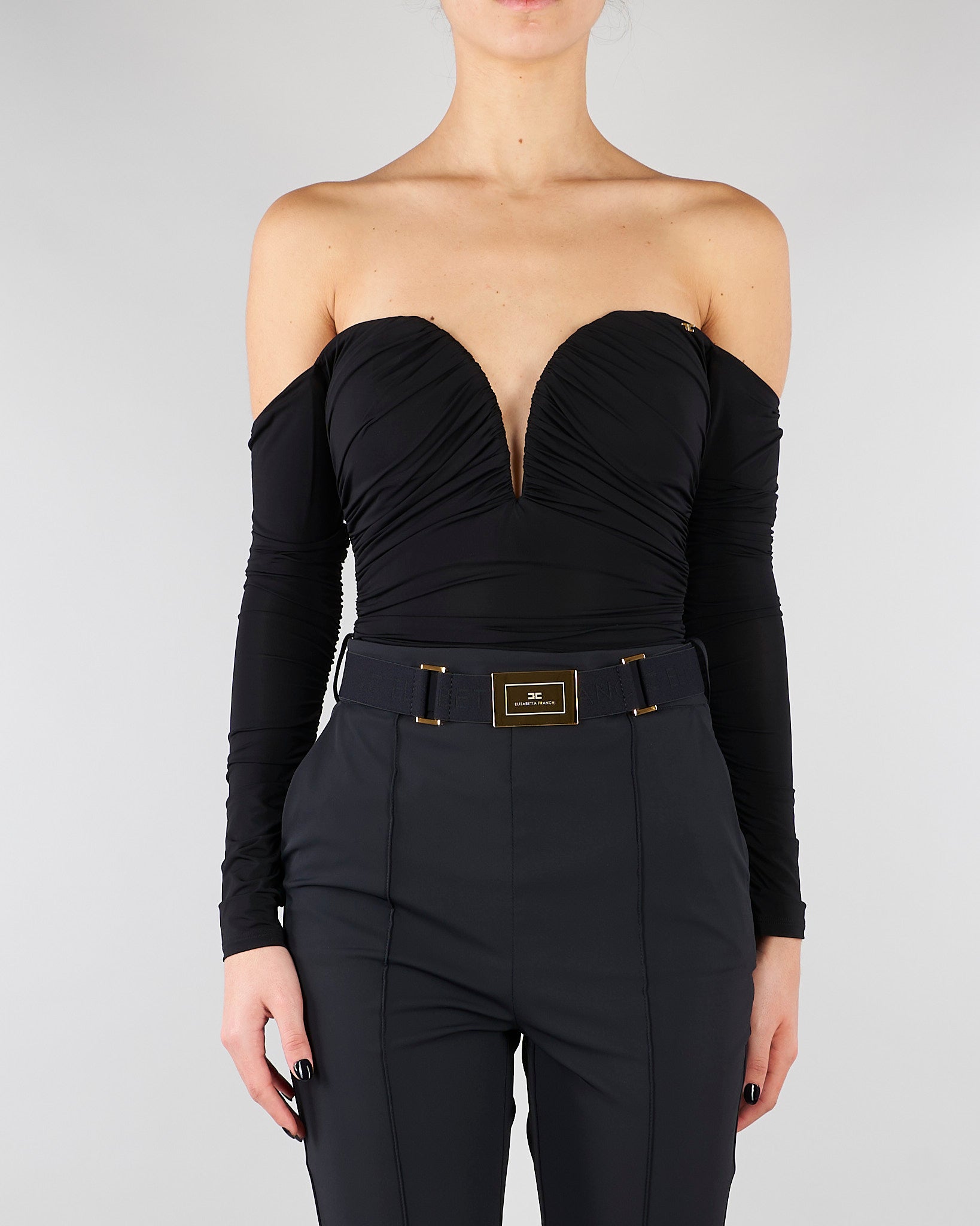 Body Nero in jersey crêpe leggero con drappeggi BO01561E2 110 ELISABETTA FRANCHI 