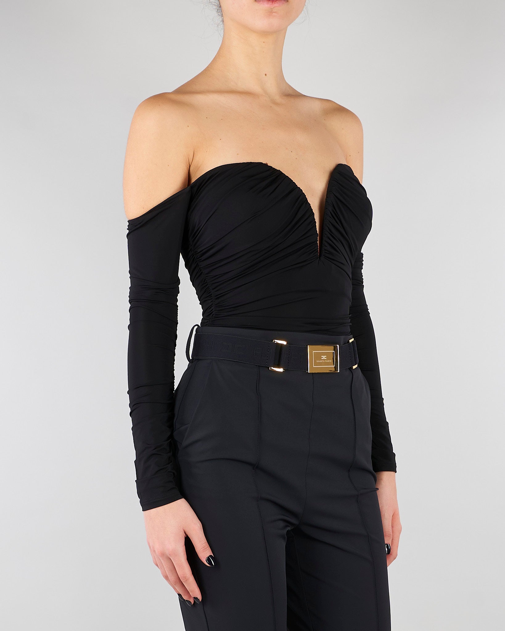Body Nero in jersey crêpe leggero con drappeggi BO01561E2 110 ELISABETTA FRANCHI 